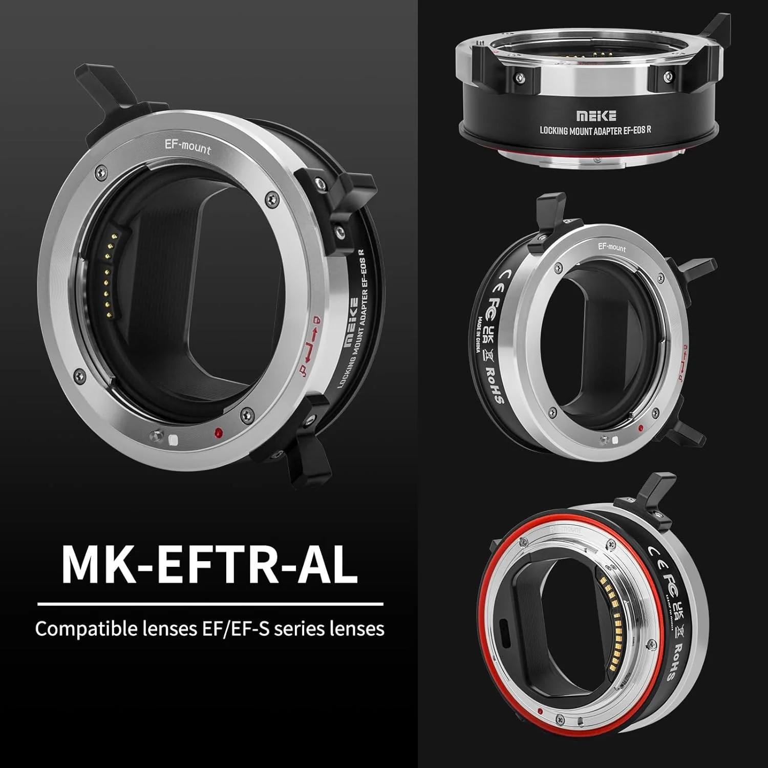 مبدل لنز تمام فلزی Meike MK-EFTR-AL با قابلیت فوکوس خودکار برای اتصال لنزهای Canon EF/EF-S به دوربین های Canon EOS-R EOS-RP R5 R5C R6 R7 R10 و RED Komodo