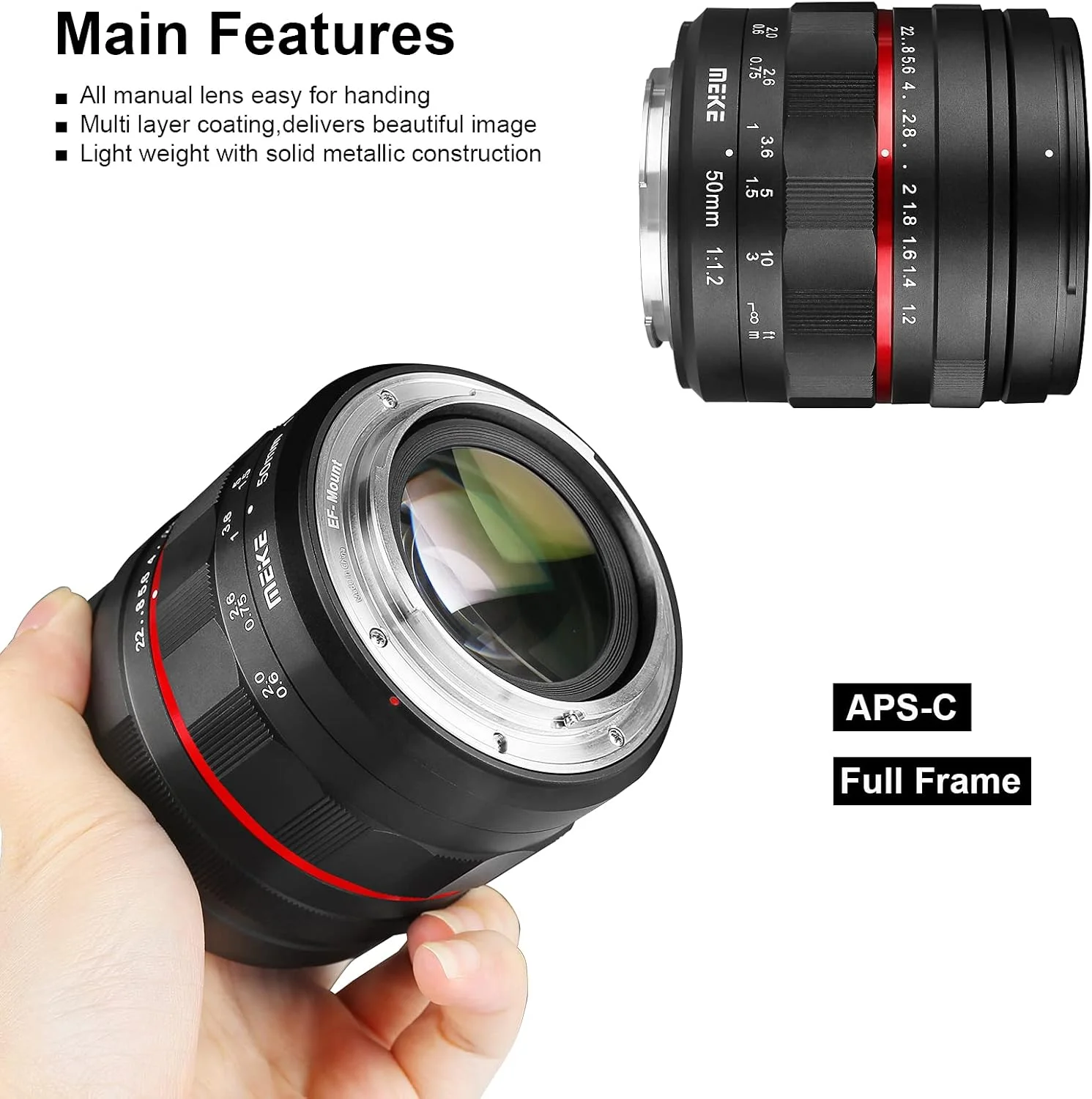 لنز 50 میلیمتری Meike با دیافراگم بزرگ F1.2 و فوکوس دستی فول فریم برای دوربینهای Canon با مانت EF لنز 50 میلیمتری Meike با دیافراگم بزرگ F1.2 و فوکوس دستی فول فریم برای دوربینهای Canon با مانت EF