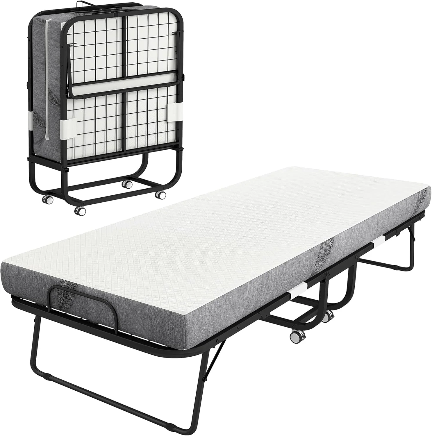 تخت تاشو همراه با تشک هومکام، سایز یک نفره، تخت تاشو قابل حمل با تشک مموری فوم لوکس و قاب فولادی فوق العاده قوی، 200x80 سانتی متر، تاشو، چرخ دار و مخفی شونده، سفید