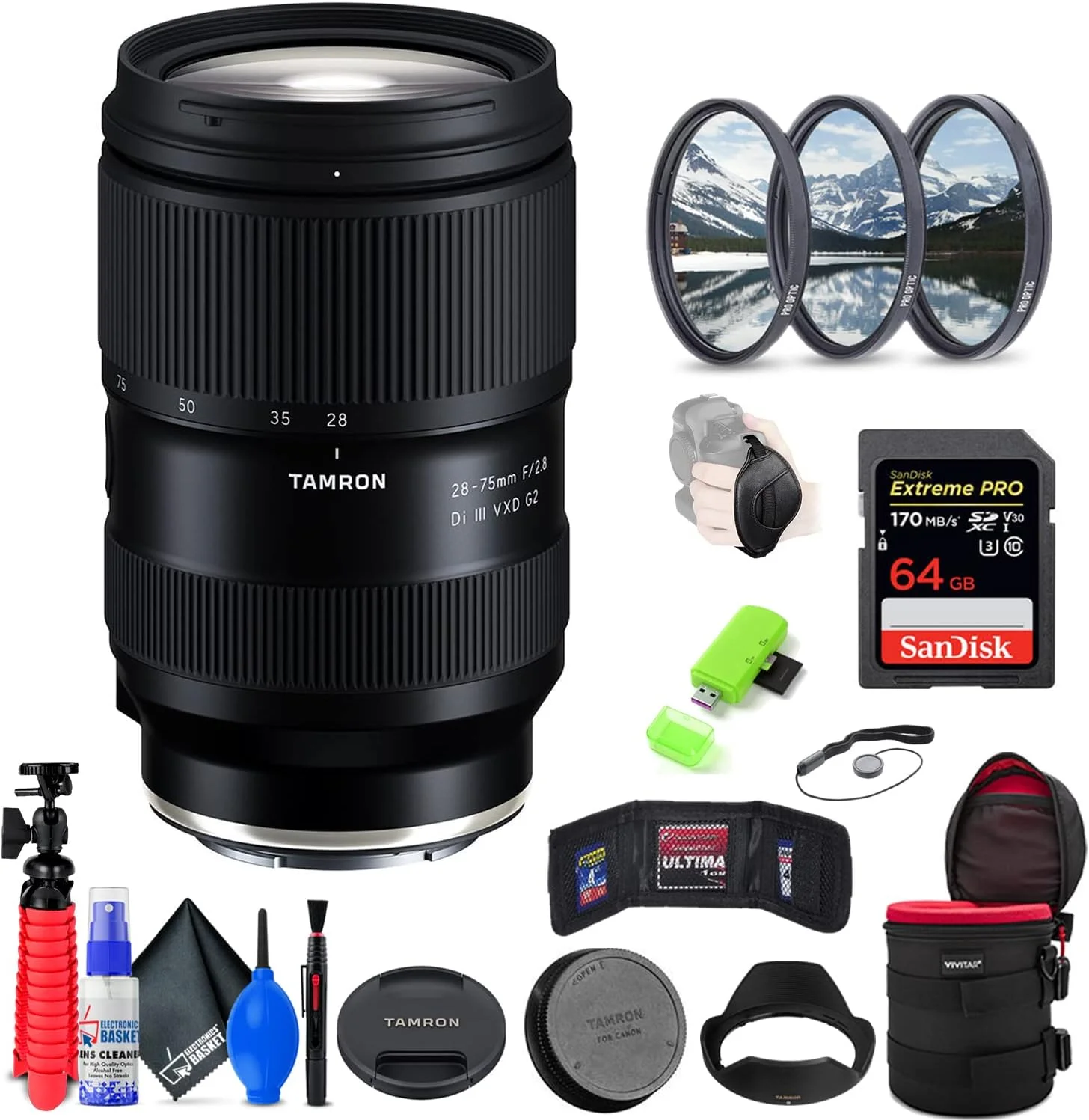 لنز تامرون 28-75mm f/2.8 Di III VXD G2 برای سونی E (مدل بین المللی) به همراه کارت حافظه 64 گیگابایتی Extreme Pro SD + مجموعه فیلتر 67 میلی متری + کیف لنز 6 اینچی + کیف کارت حافظه + بند + کیت تمیز کننده