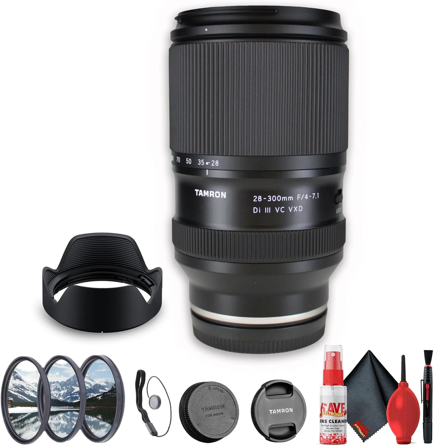 لنز سبک وزن تامرون 28-300mm f/4-7.1 Di III VC VXD برای دوربین های بدون آینه (Sony E) (A074) + کیت فیلتر + نگهدارنده درب لنز + کیت تمیز کننده