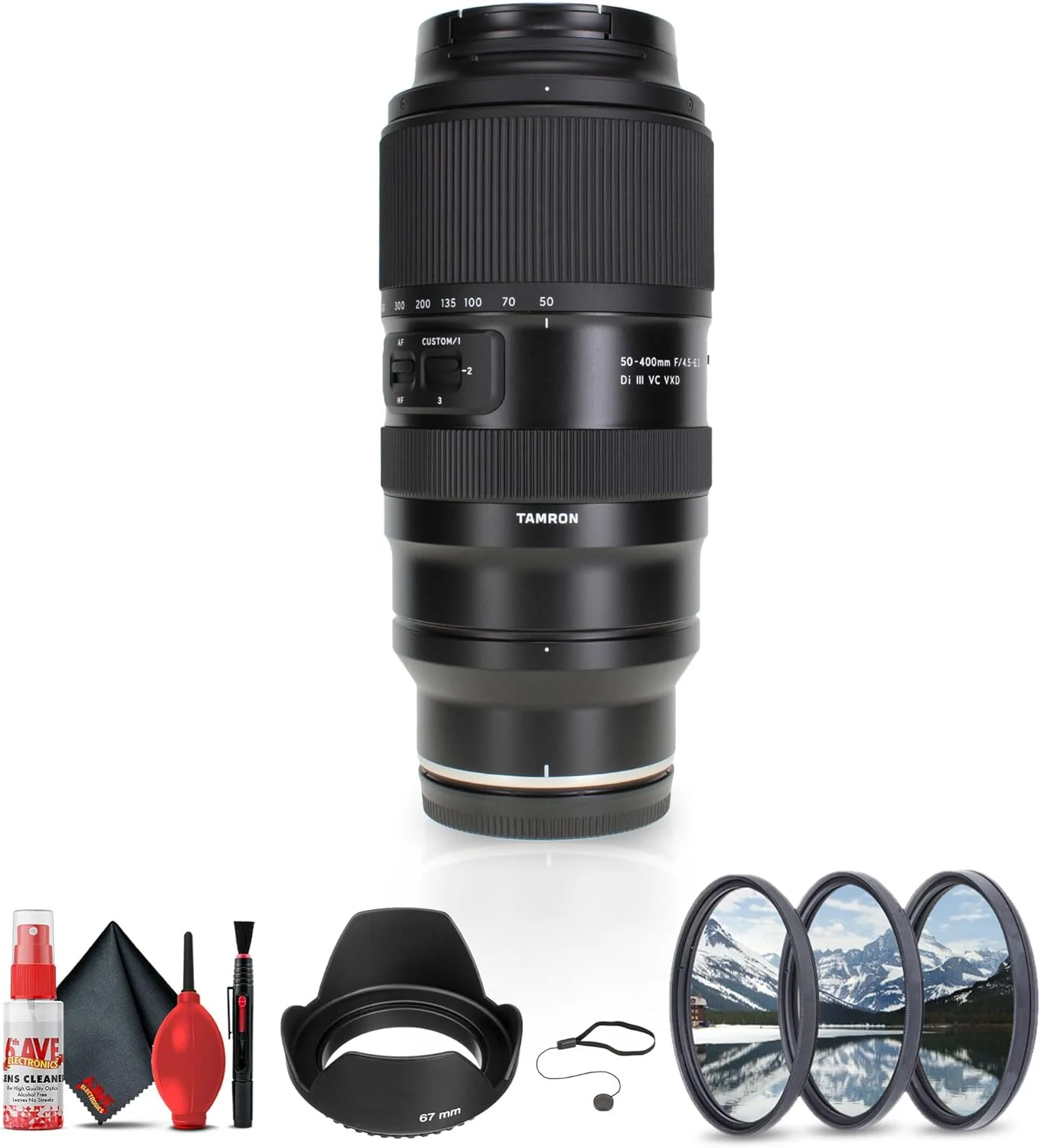لنز تامرون 50-400mm f/4.5-6.3 Di III VC VXD (نیکون Z) (AFA067Z700) + کیت فیلتر لنز + کیت تمیز کننده + هود لنز + درب لنز