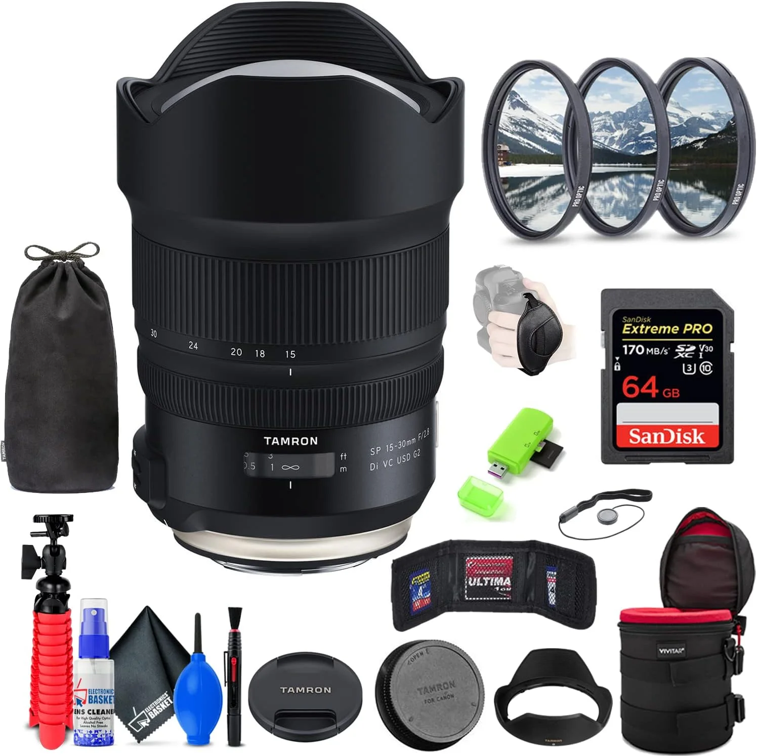 لنز تامرون SP 15-30mm f/2.8 Di VC USD G2 سازگار با نیکون F (مدل بین المللی) به همراه کارت حافظه 64 گیگابایتی Extreme Pro، کیف لنز 8 اینچی، کیف کارت حافظه، کارت خوان SD، بند و کیت تمیز کننده