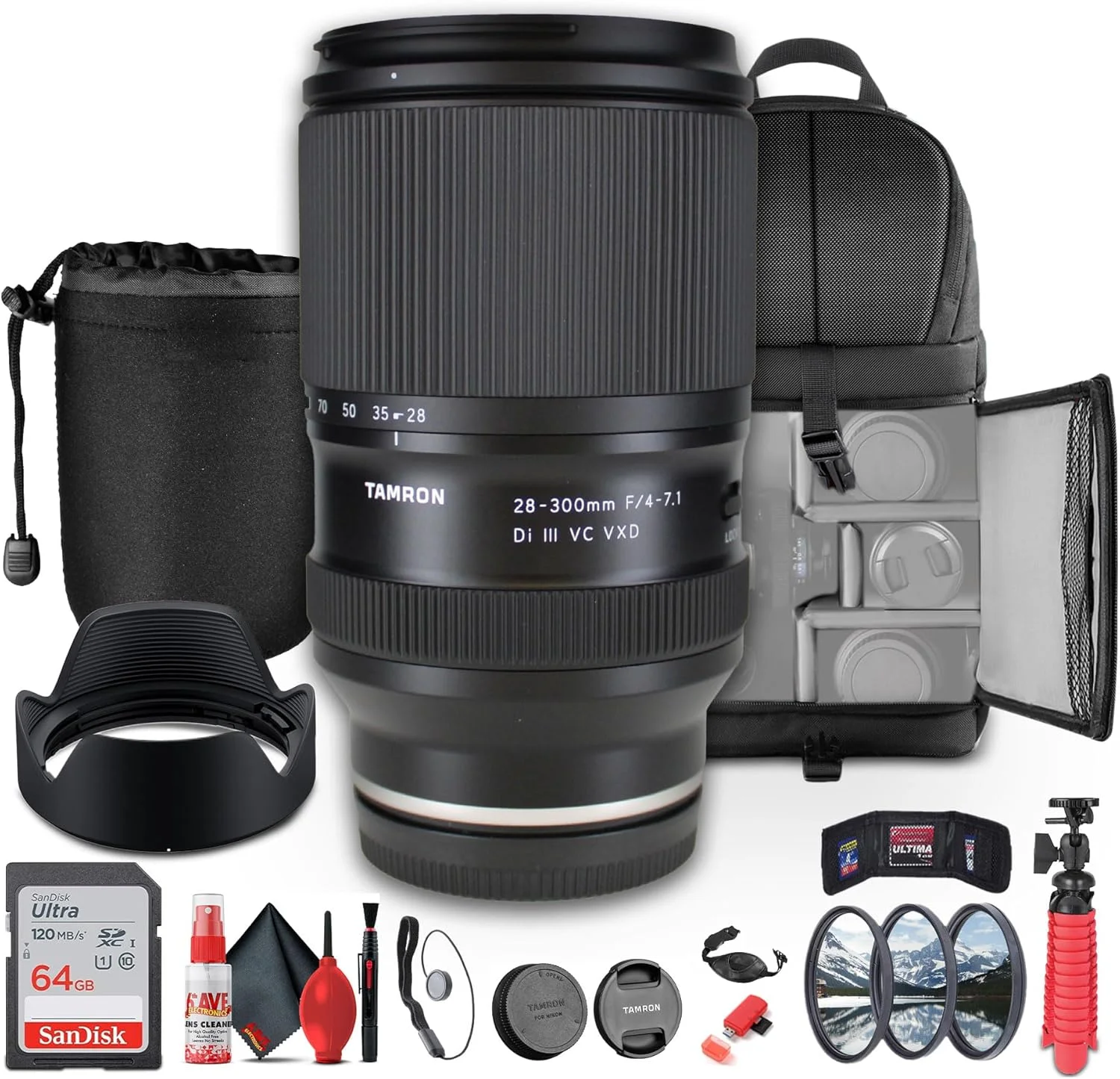 لنز سبک وزن تامرون 28-300mm f/4-7.1 Di III VC VXD برای دوربین‌های بدون آینه (Sony E) (A074) + کارت حافظه 64 گیگابایتی + کیت فیلتر + کوله پشتی + کیف لنز + سه پایه انعطاف پذیر + نگهدارنده درب لنز + موارد دیگر