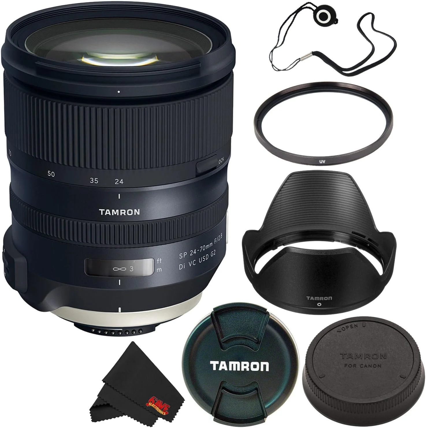 لنز تامرون 6Ave SP 24-70mm f/2.8 Di VC USD G2 برای نیکون F (مدل بین المللی) + فیلتر UV 82mm + نگهدارنده درب لنز + بسته پارچه میکروفیبر