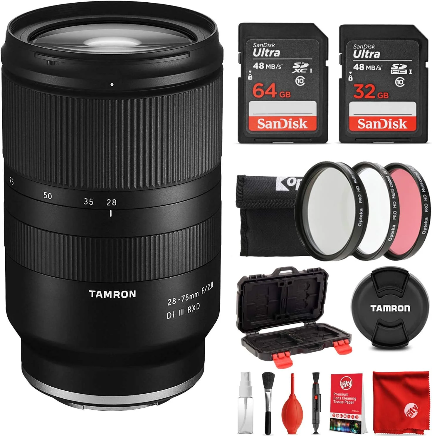 لنز تامرون 28-75mm f/2.8 Di III RXD مانت E سونی فول فریم همراه با کارت حافظه 64 گیگابایتی و 32 گیگابایتی Ultra، کیت فیلتر، کیف کارت حافظه، دمنده هوا، برس گرد و غبار، دستمال میکروفایبر