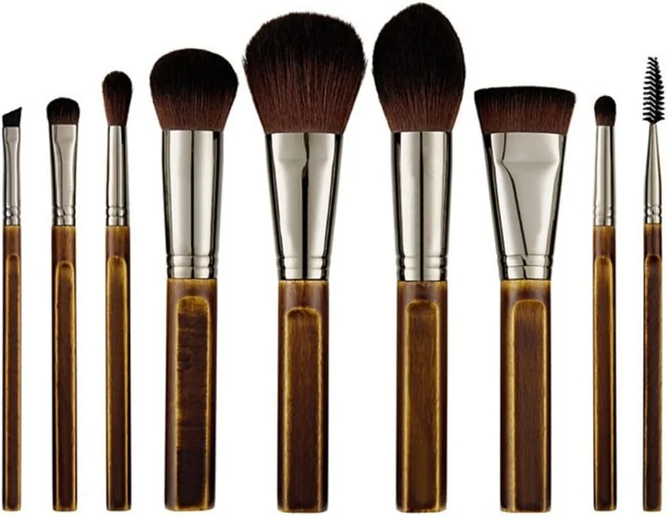 ست برس آرایشی 9 تکه SKipdr طرح قدیمی، چوبی، شامل برس پودر، رژگونه، برنزر، بلندِر، سایه چشم به همراه کیف