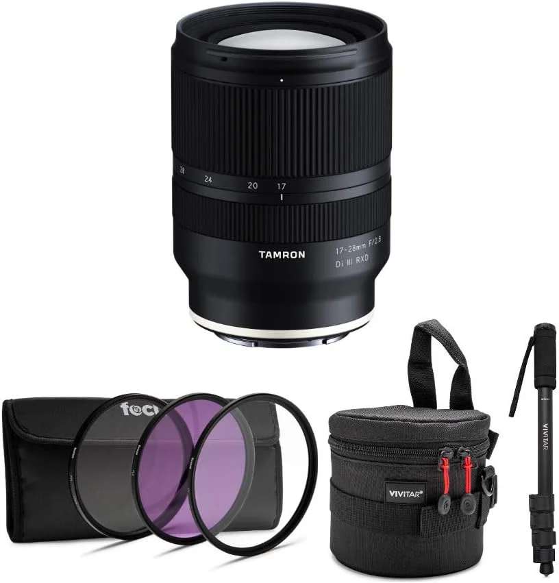 لنز تامرون 17-28mm f/2.8 Di III RXD برای سونی E به همراه تک پایه عکس/فیلم جمع و جور 62 اینچی، کیف لنز پریمیوم و کیت فیلتر 3 تکه (4 مورد)