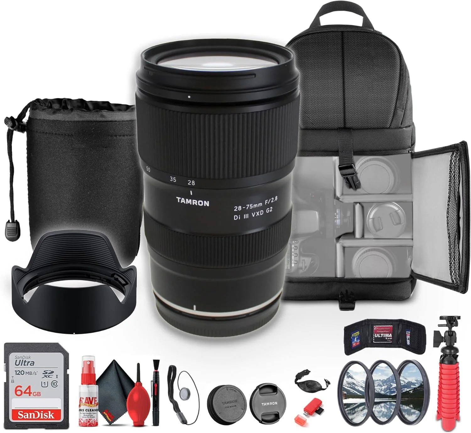 لنز تامرون 28-75mm f/2.8 Di III VXD G2 برای دوربین های بدون آینه (Nikon Z) (AFA063Z700) + کارت حافظه 64 گیگابایتی + کیت فیلتر + کوله پشتی + کیف لنز + سه پایه انعطاف پذیر + نگهدارنده درب لنز + کیت تمیز کننده + موارد دیگر