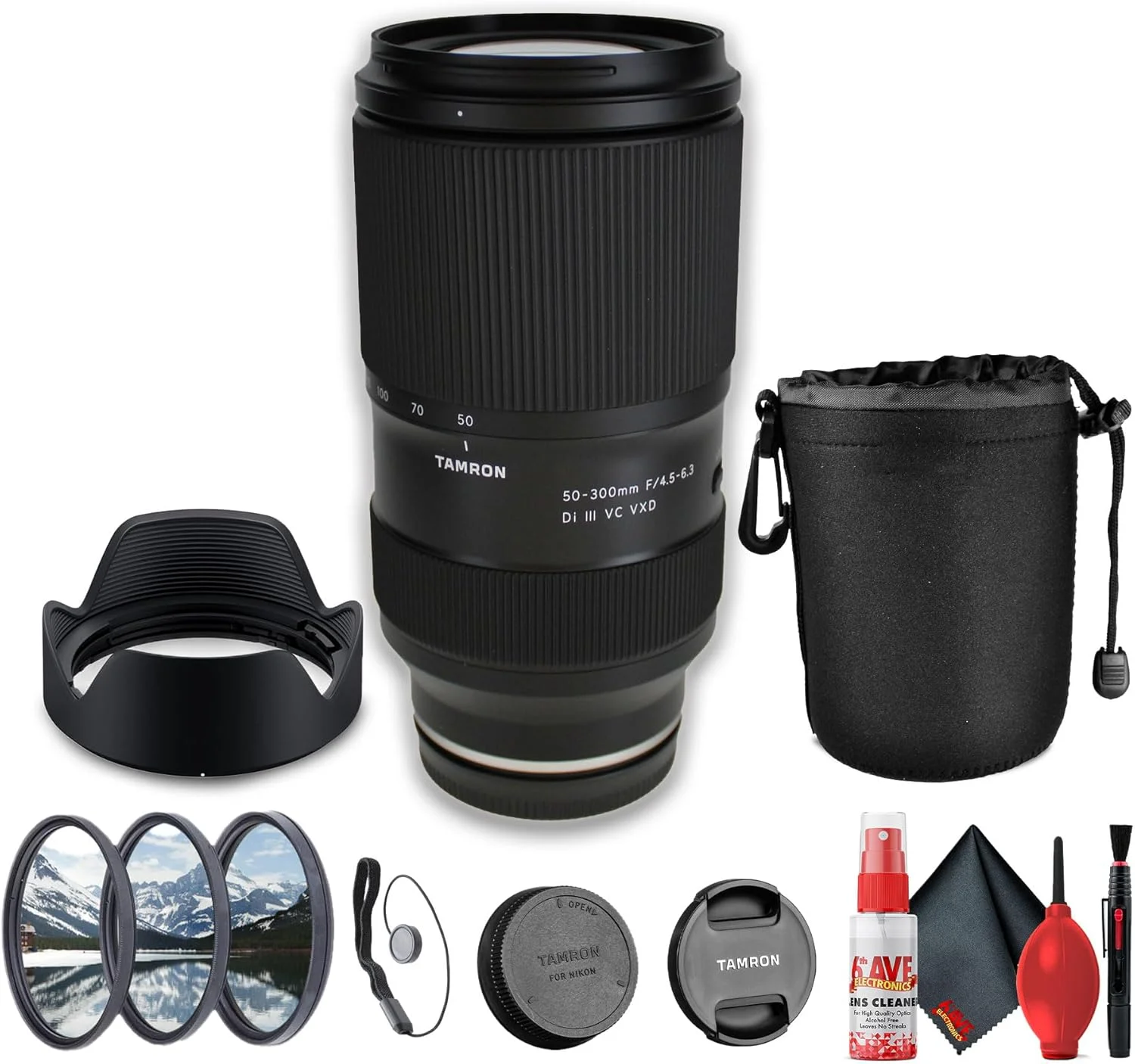 لنز تامرون 50-300mm f/4.5-6.3 Di III VC VXD برای دوربین‌های بدون آینه (Sony E) (AFA069S700) + کیت فیلتر + کیف لنز + نگهدارنده درب لنز + کیت تمیز کننده