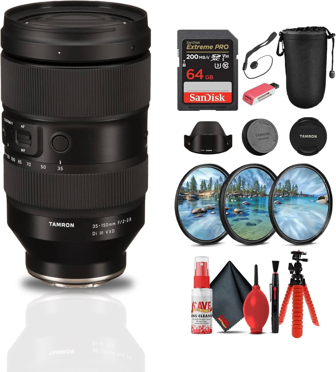 لنز تامرون 35-150mm f/2-2.8 Di III VXD (نیکون Z) + کیف محافظ لنز + کارت Extreme PRO 64GB + کارت خوان + کیت فیلتر 3 تکه + سه پایه انعطاف پذیر 12 اینچی + درب لنز