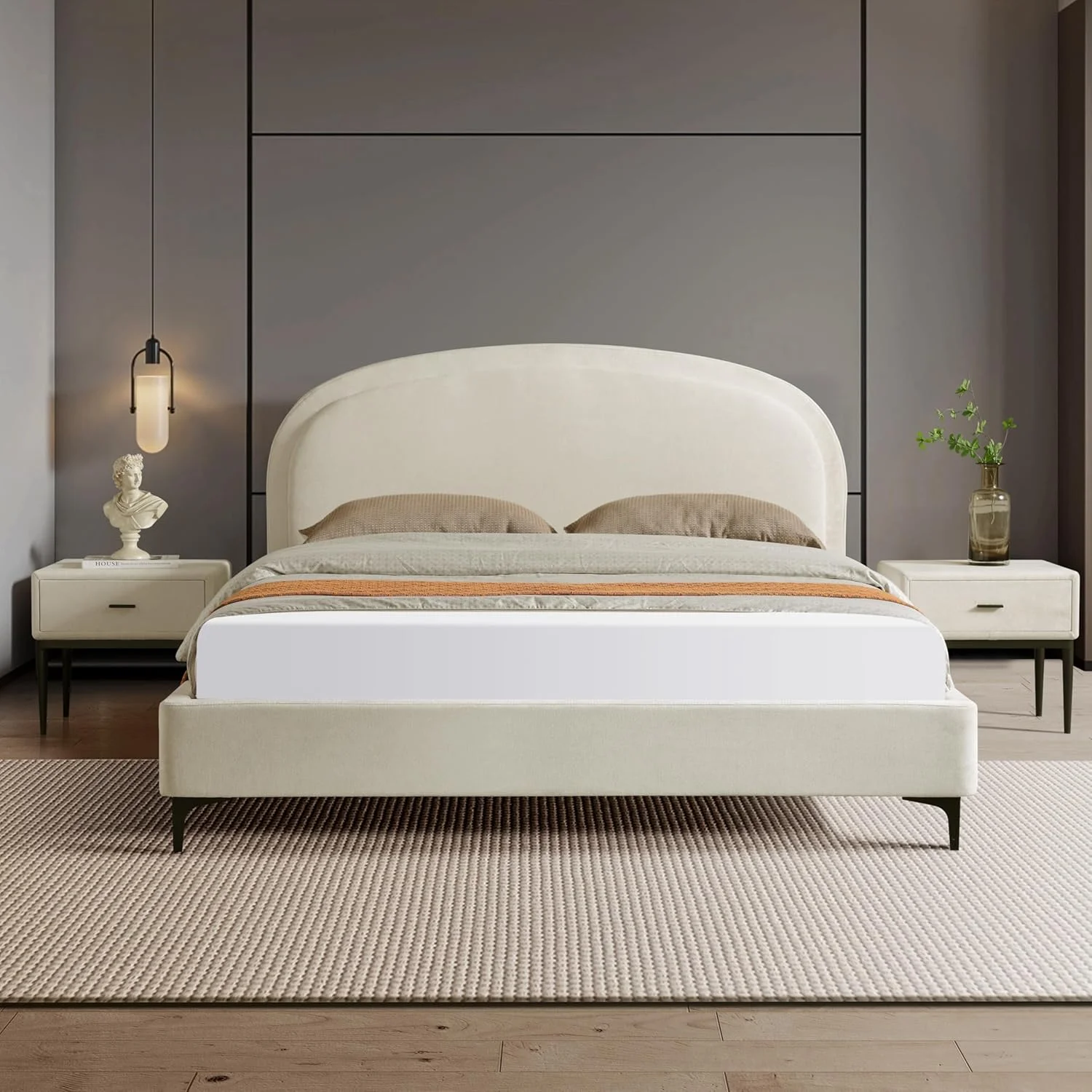 تخت خواب یک نفره روکش پارچه ای هوم کنواس مدل OSAKA با تاج منحنی و پایه های فلزی (120x200) تخت خواب یک نفره روکش پارچه ای هوم کنواس مدل OSAKA با تاج منحنی و پایه های فلزی (120x200)