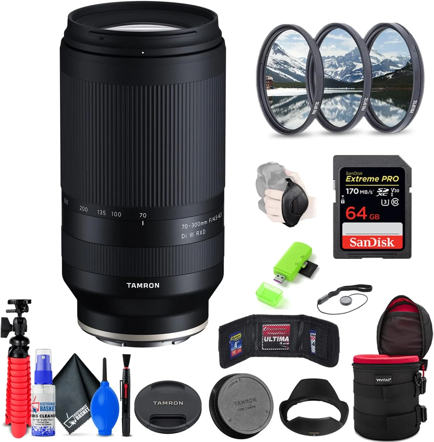 لنز دوربین تامرون 70-300mm f/4.5-6.3 Di III RXD برای Sony E (مدل بین المللی) به همراه کارت حافظه 64 گیگابایتی Extreme Pro SD + ست فیلتر 67 میلی متری + کیف لنز 8 اینچی + کیف کارت حافظه + بند + کیت تمیز کننده
