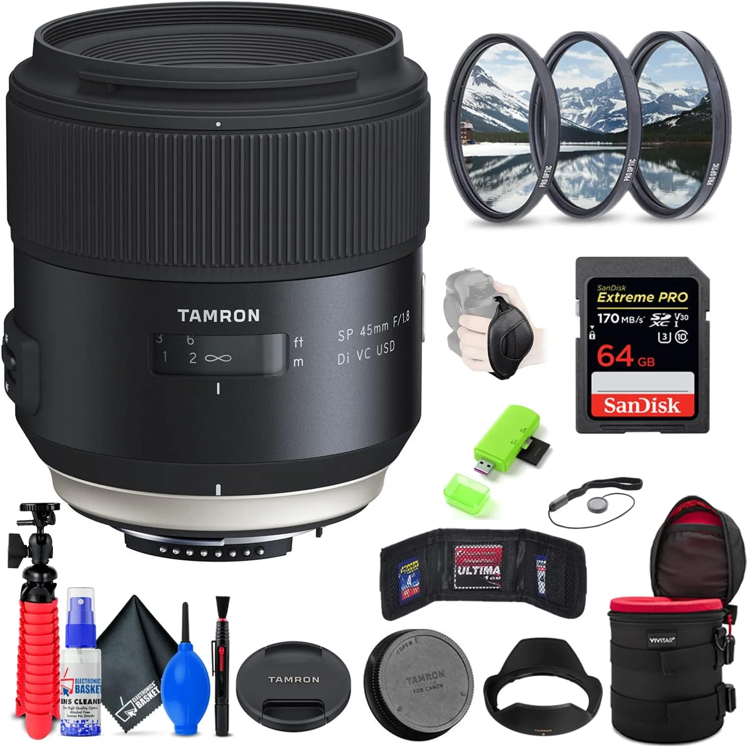 لنز تامرون SP 45mm f/1.8 Di VC USD سازگار با نیکون F (مدل بین المللی) به همراه کارت حافظه 64 گیگابایتی Extreme Pro SD + فیلتر 67 میلی متری + کیف لنز 6 اینچی + کیف کارت حافظه + کارت خوان SD + بند + کیت تمیز کننده