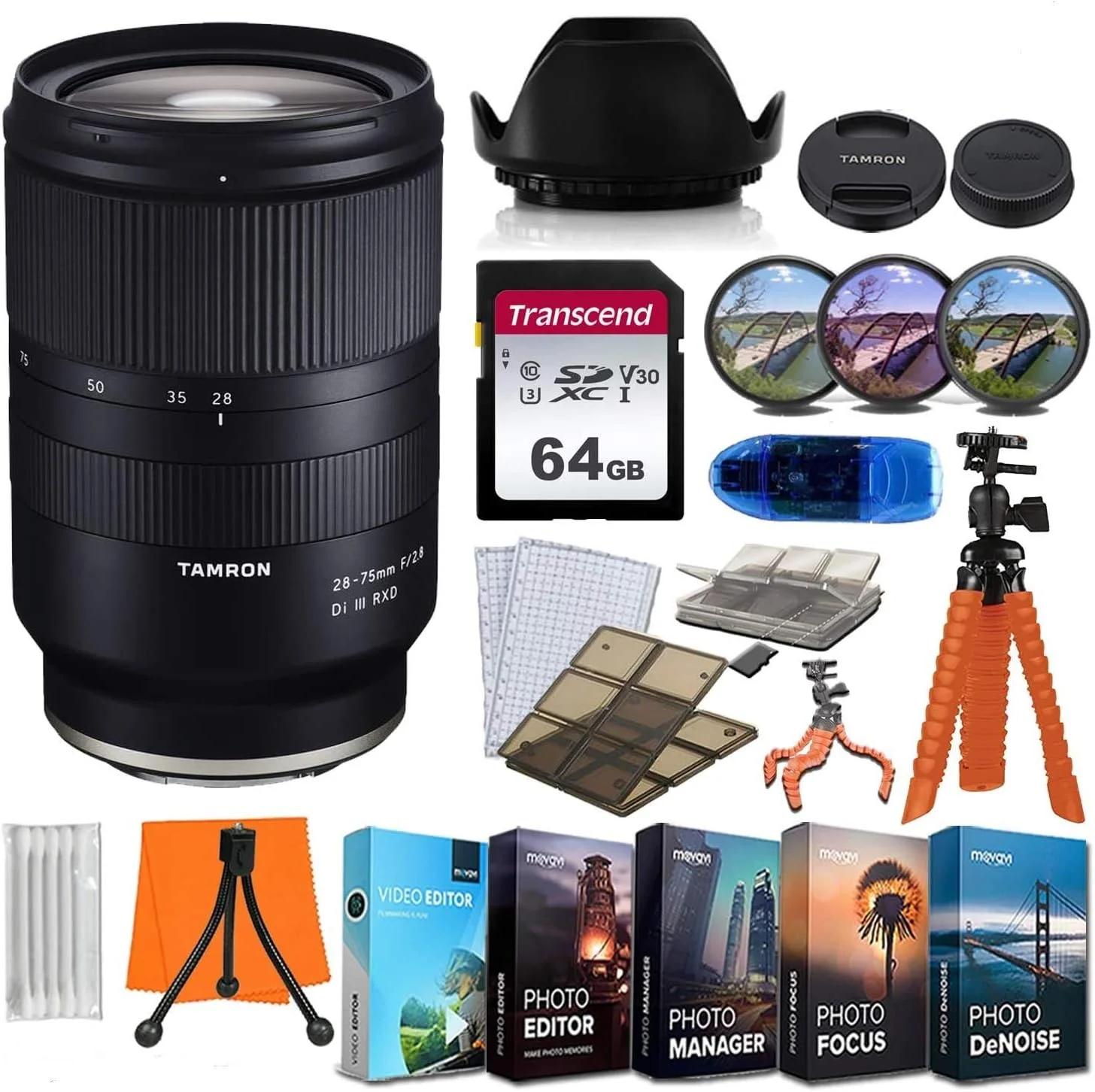 لنز تامرون 28-75mm f/2.8 Di III RXD برای دوربین های سونی E به همراه کارت حافظه 64 گیگابایتی + نرم افزار ویرایش عکس/فیلم + سه پایه Spider Flex و بسته لوازم جانبی اولیه مسافرتی