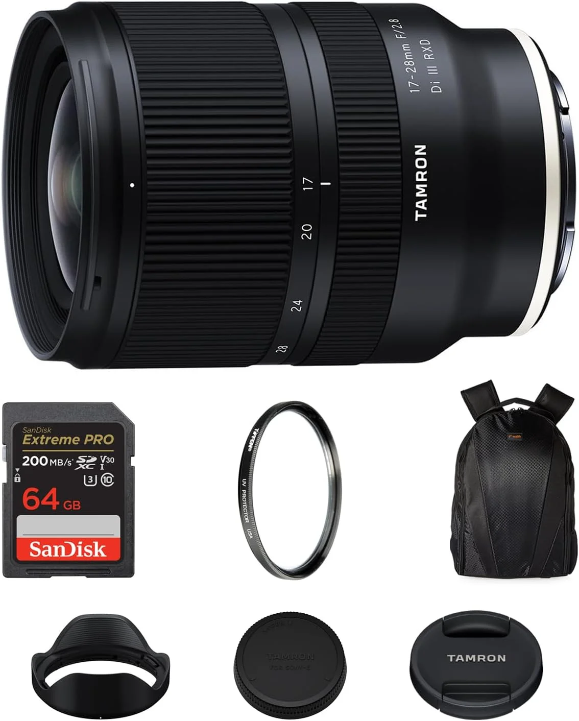 لنز تامرون 17-28mm f/2.8 Di III RXD (مانت E سونی) به همراه فوکوس خودکار سریع و عریض، کارت حافظه 64 گیگابایتی Extreme PRO SDXC با سرعت خواندن 200 مگابایت بر ثانیه، فیلتر UV تیفن 67 میلی‌متری و کیت بسته‌بندی کوله پشتی دوربین