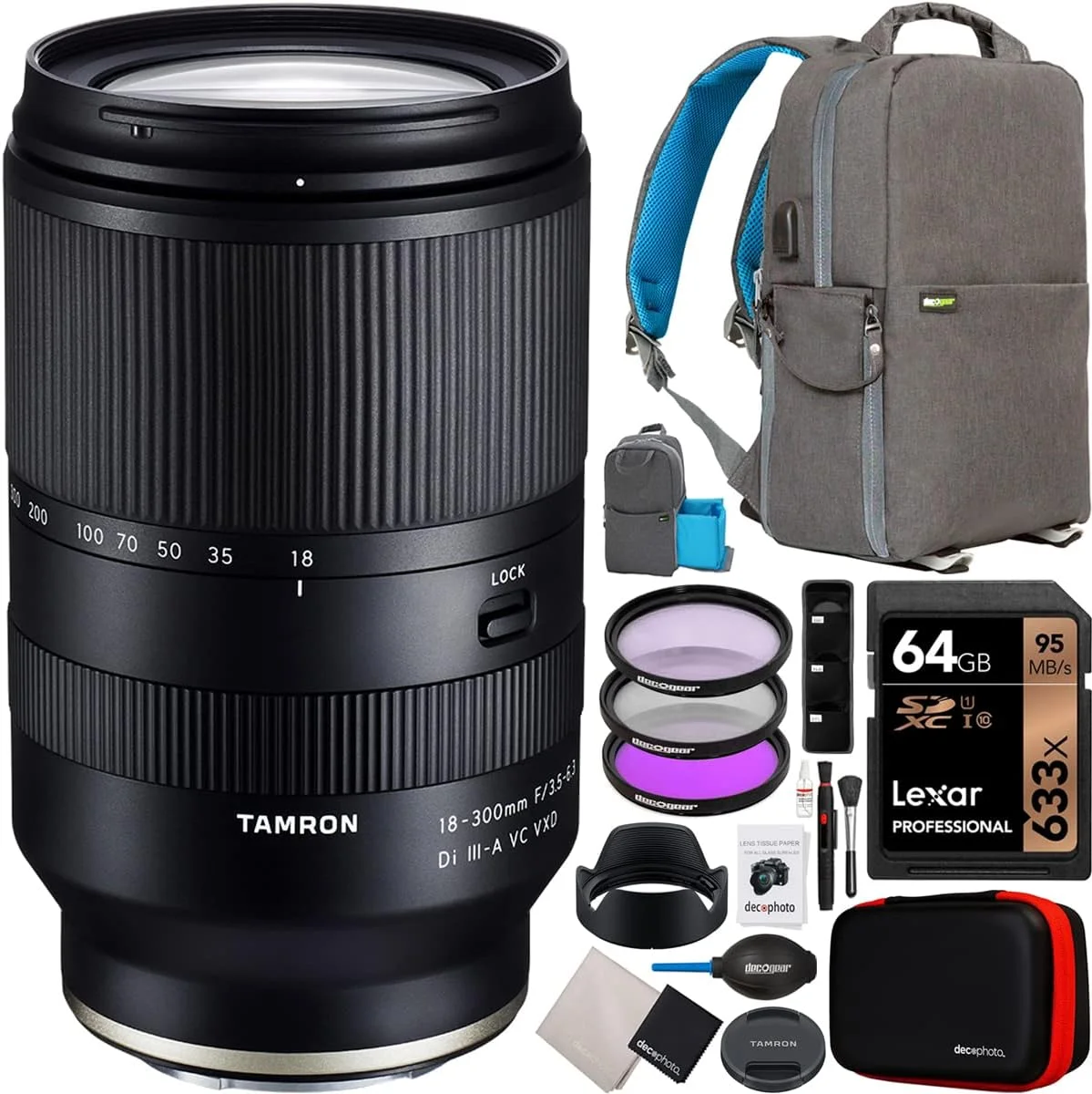 لنز زوم تامرون 18-300mm F/3.5-6.3 Di III-A VC VXD برای دوربین‌های بدون آینه APS-C سونی E-Mount (مدل B061) همراه با کوله پشتی عکاسی Deco Gear + کیت فیلتر UV Polarizer FLD و لوازم جانبی