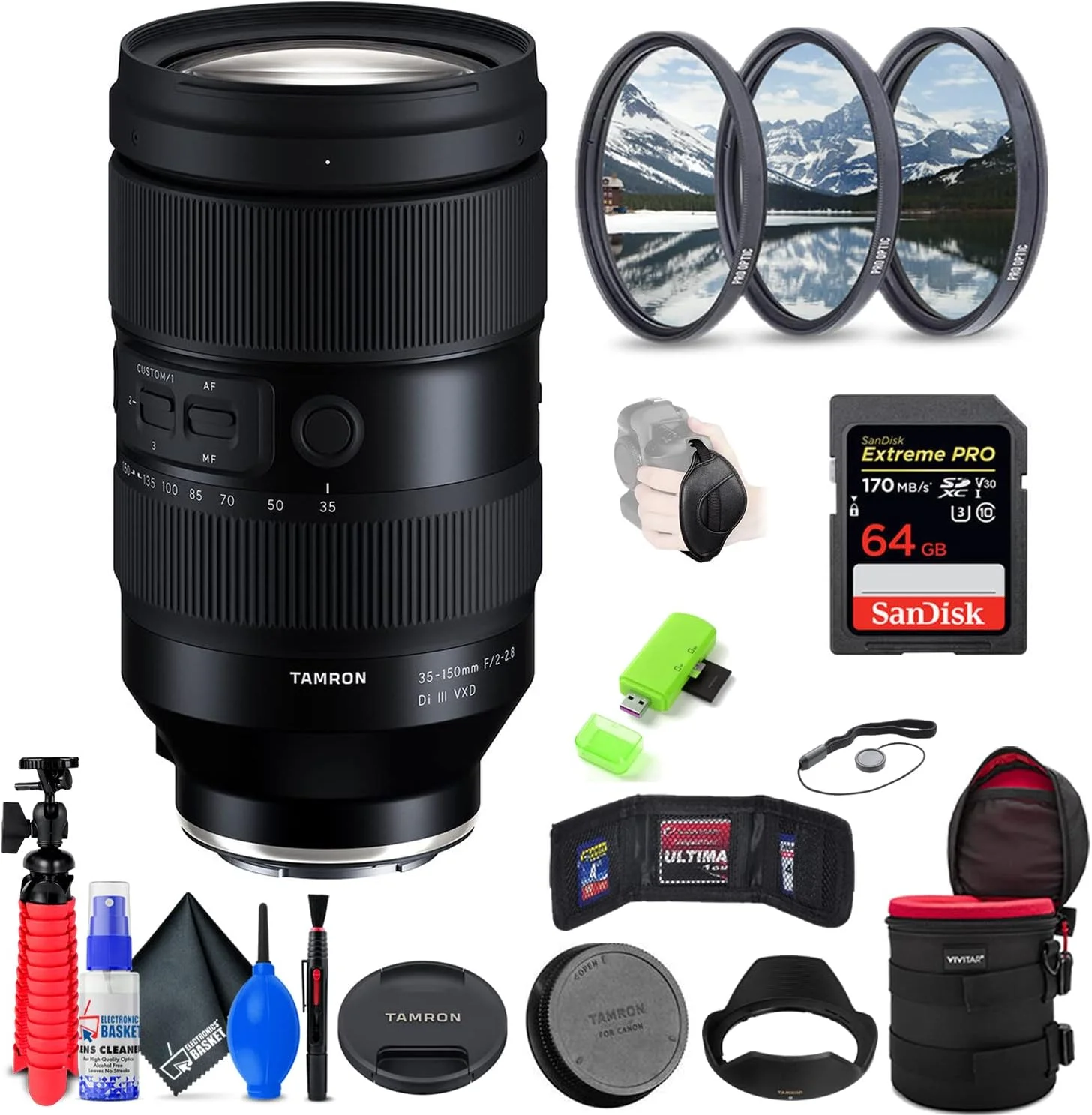 لنز دوربین Tamron 35-150mm f/2-2.8 Di III VXD برای Sony E (مدل بین المللی) به همراه کارت حافظه 64 گیگابایتی Extreme Pro SD، مجموعه فیلتر 82 میلی متری، کیف لنز 8 اینچی، کیف پول کارت حافظه، بند، کیت تمیز کننده