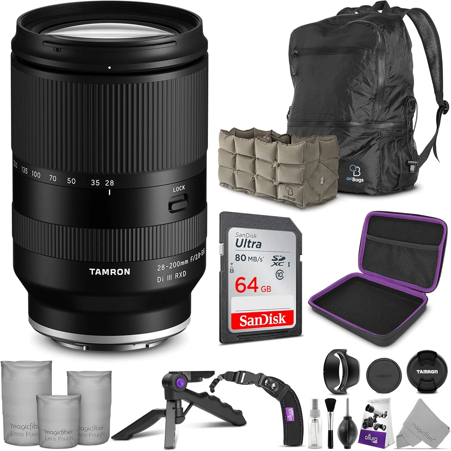 لنز تامرون 28-200 F/2.8-5.6 Di III RXD برای دوربین های بدون آینه سونی فول فریم/APS-C با مانت E، شماره مدل: AFA071S700 به همراه بسته لوازم جانبی پیشرفته و مسافرتی Altura Photo