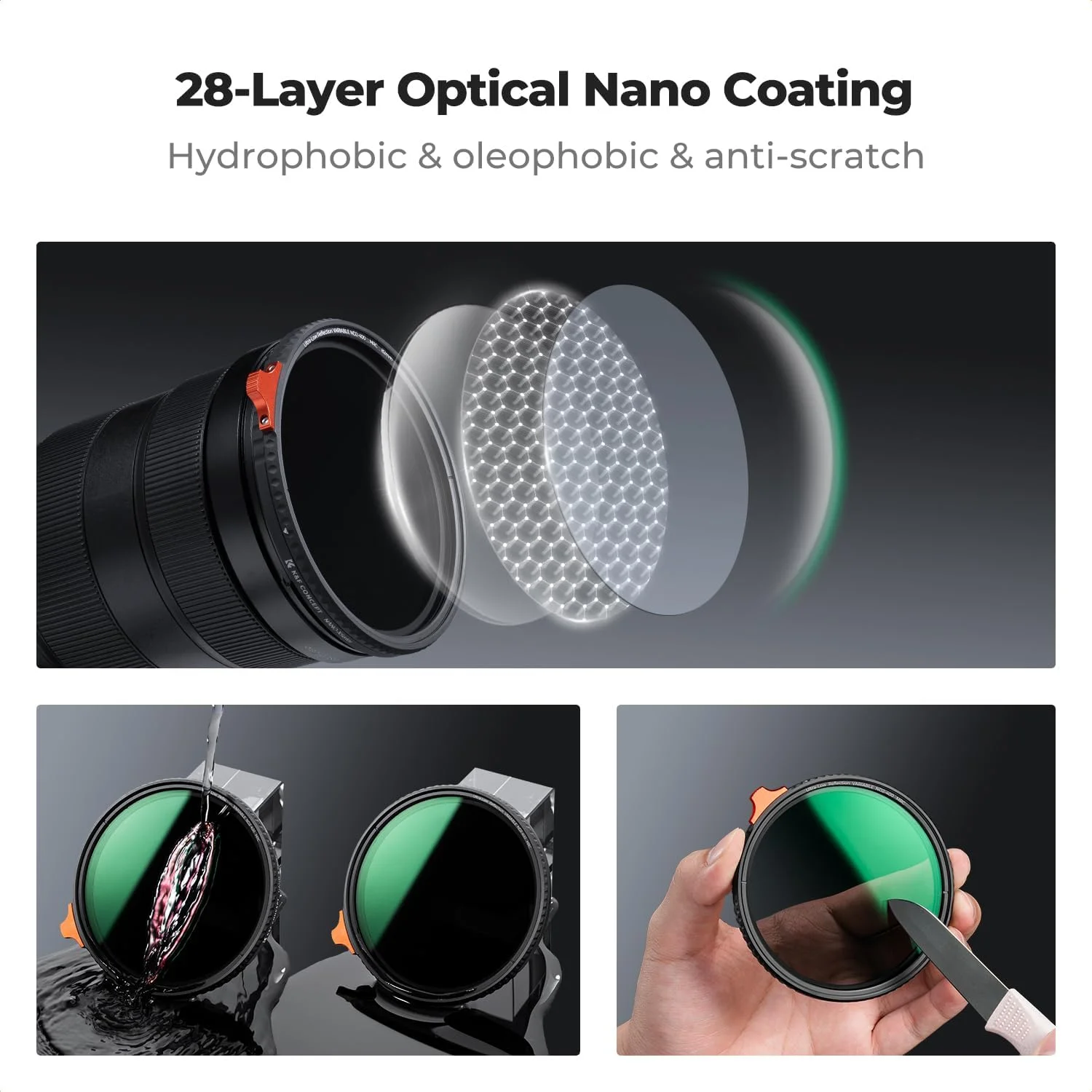 فیلتر ND متغیر K&F Concept 55mm با بازتاب بسیار کم ND2-ND400 (1-9 استاپ) دارای 28 لایه پوشش چندگانه شیشه AGC، فیلتر لنز دوربین با چگالی خنثی قابل تنظیم (سری Nano-X) فیلتر ND متغیر K&F Concept 55mm با بازتاب بسیار کم ND2-ND400 (1-9 استاپ) دارای 28 لایه پوشش چندگانه شیشه AGC، فیلتر لنز دوربین با چگالی خنثی قابل تنظیم (سری Nano-X)