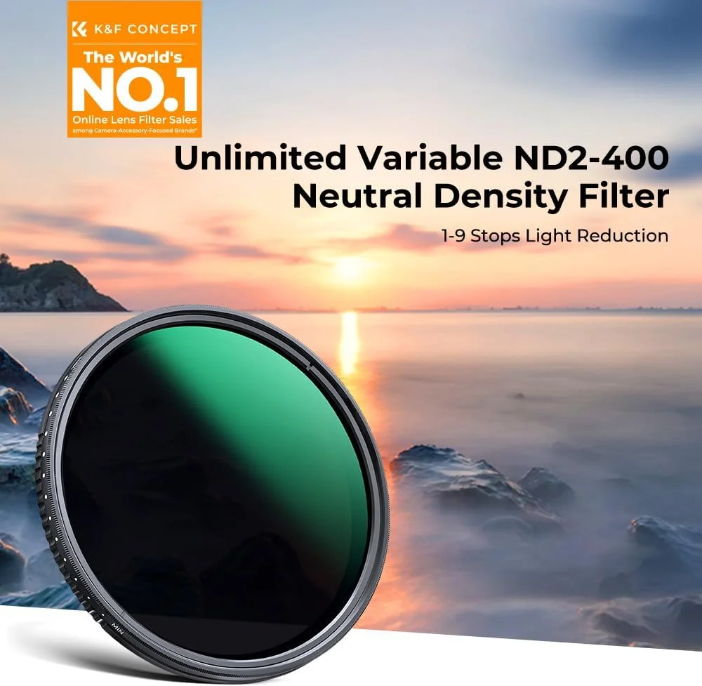فیلتر ND متغیر 67 میلیمتری ND2-400 K&F Concept با قابلیت تنظیم 1 تا 9 استاپ، فوقالعاده نازک و ضد آب با 24 لایه پوشش چندگانه برای لنز دوربین (سری D) فیلتر ND متغیر 67 میلیمتری ND2-400 K&F Concept با قابلیت تنظیم 1 تا 9 استاپ، فوقالعاده نازک و ضد آب با 24 لایه پوشش چندگانه برای لنز دوربین (سری D)