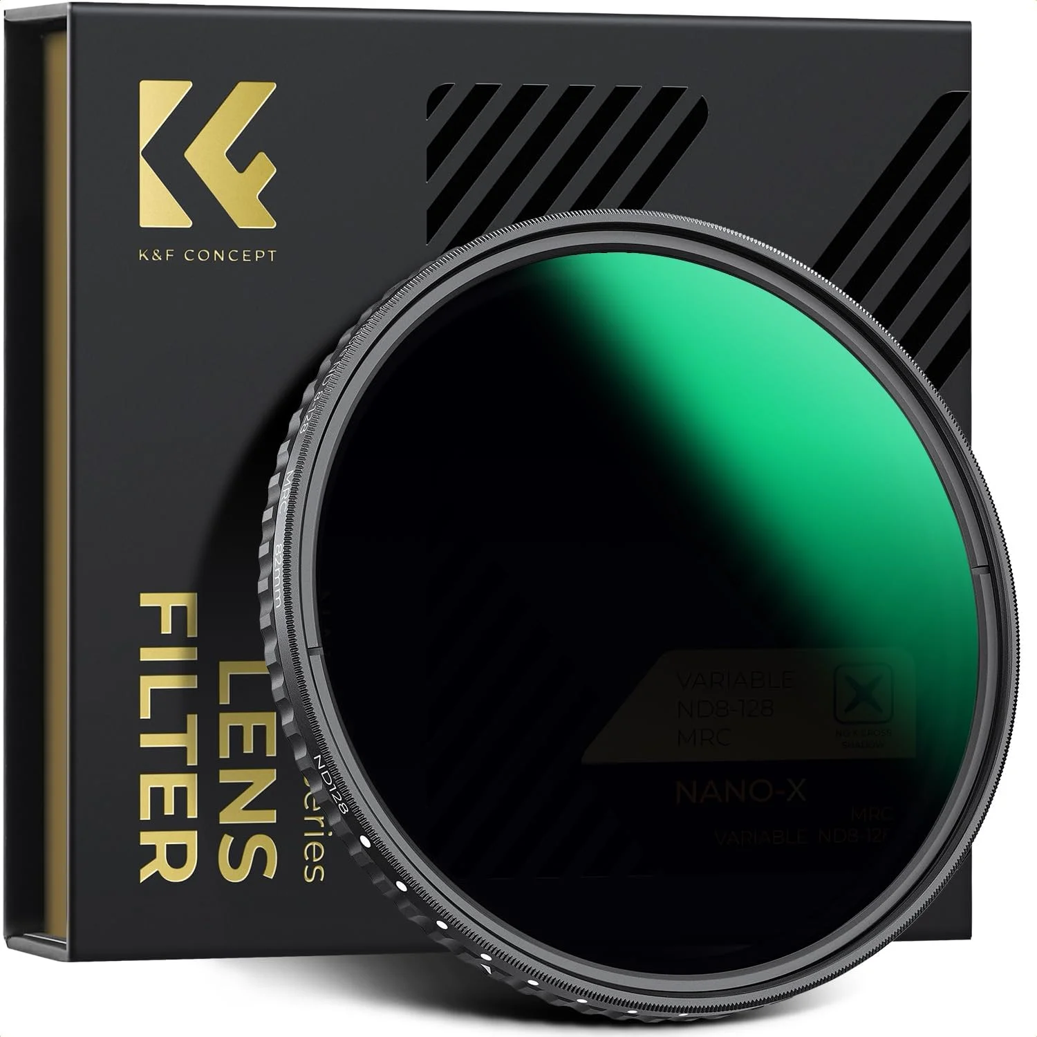 فیلتر کاهنده نور متغیر ND8 تا ND128 اسلیم K&F Concept با دهانه 46 میلی‌متر، فیلتر ND متغیر 3 تا 7 استاپ برای لنز دوربین، بدون ایجاد لکه X، فناوری نانوتک، فوق‌العاده باریک و مقاوم در برابر آب و هوا