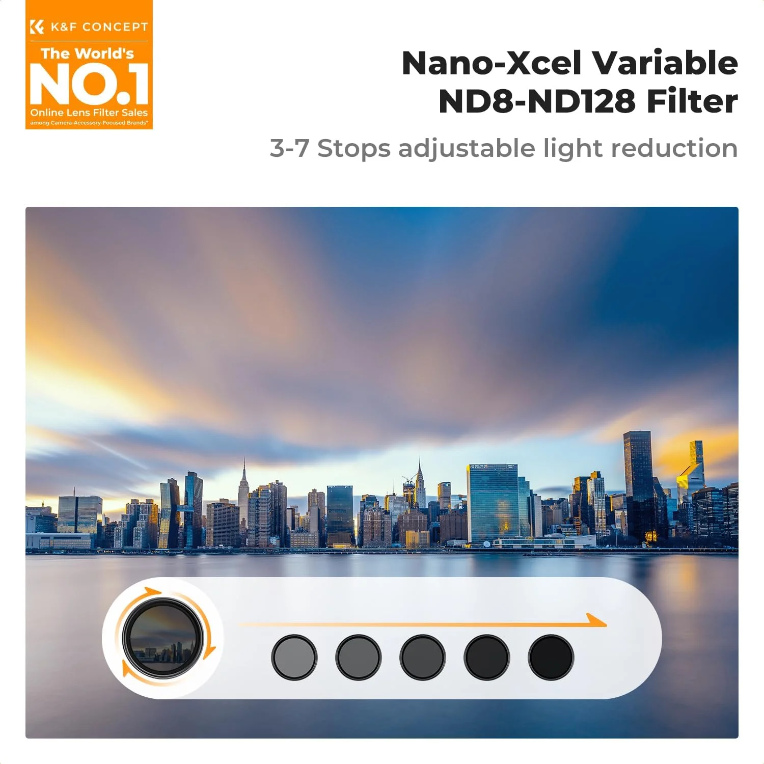 فیلتر کاهنده نور متغیر ND8 تا ND128 اسلیم K&F Concept با دهانه 46 میلی‌متر، فیلتر ND متغیر 3 تا 7 استاپ برای لنز دوربین، بدون ایجاد لکه X، فناوری نانوتک، فوق‌العاده باریک و مقاوم در برابر آب و هوا