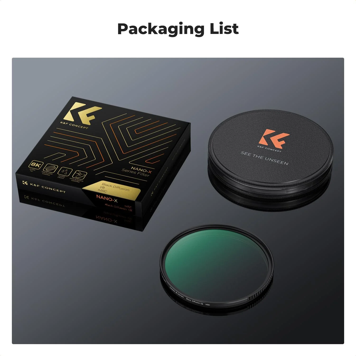فیلتر دیفیوژن مشکی 49 میلی‌متری K&F Concept 1/8، فیلتر جلوه‌های ویژه، فیلتر ضد آب با پوشش چند لایه دو طرفه برای لنز دوربین