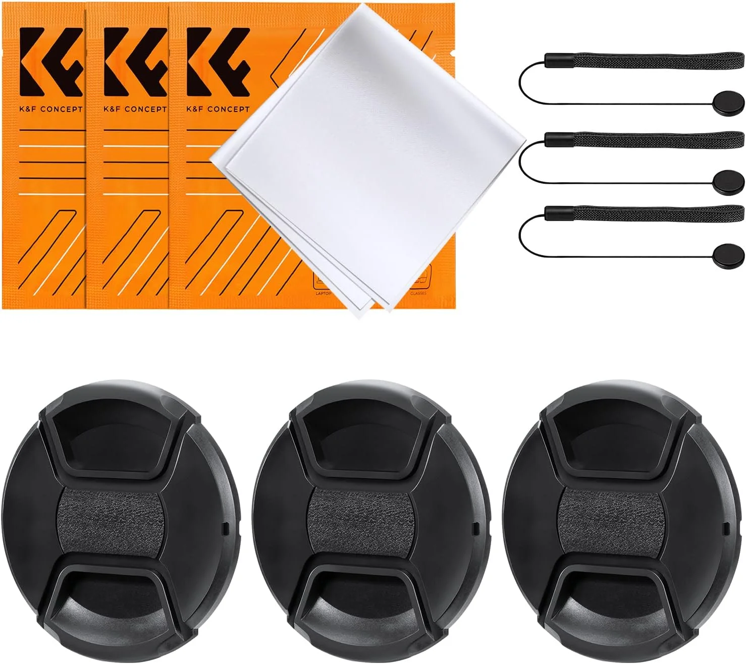 درب لنز 95 میلی‌متری K&F Concept، بسته‌ی 3 عددی، درب لنز جلویی فشاری + نگهدارنده‌ی کشی درب لنز + 3 دستمال تمیزکننده، سازگار با کانن و سونی