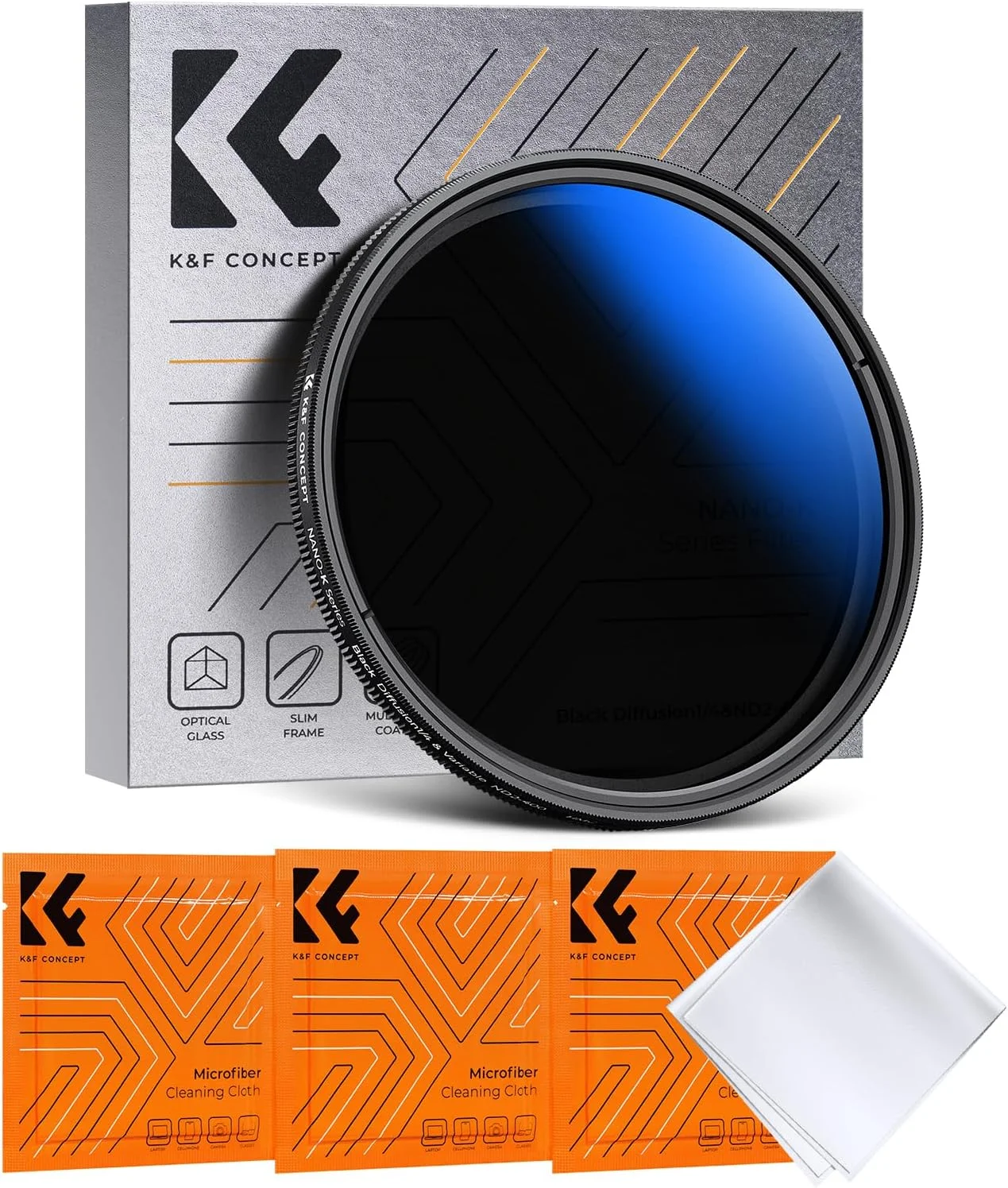 فیلتر متغیر ND2-400 (1-9 استاپ) و دیفیوژن مشکی 1/4 با اثر مه خنثی K&F Concept سایز 55 میلی‌متر، دارای 18 لایه پوشش چندگانه برای لنزهای دوربین (سری K)