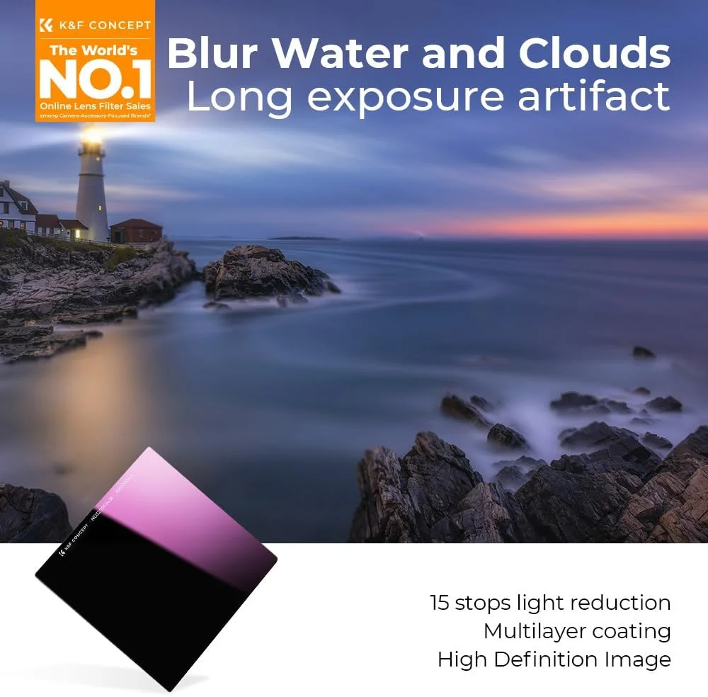 فیلتر ND32000 (15 استاپ) مربعی 100x100 میلی‌متری K&F Concept، فیلتر چگالی خنثی ضد آب، فیلتر خورشید گرفتگی با 28 پوشش چند لایه برای لنز دوربین