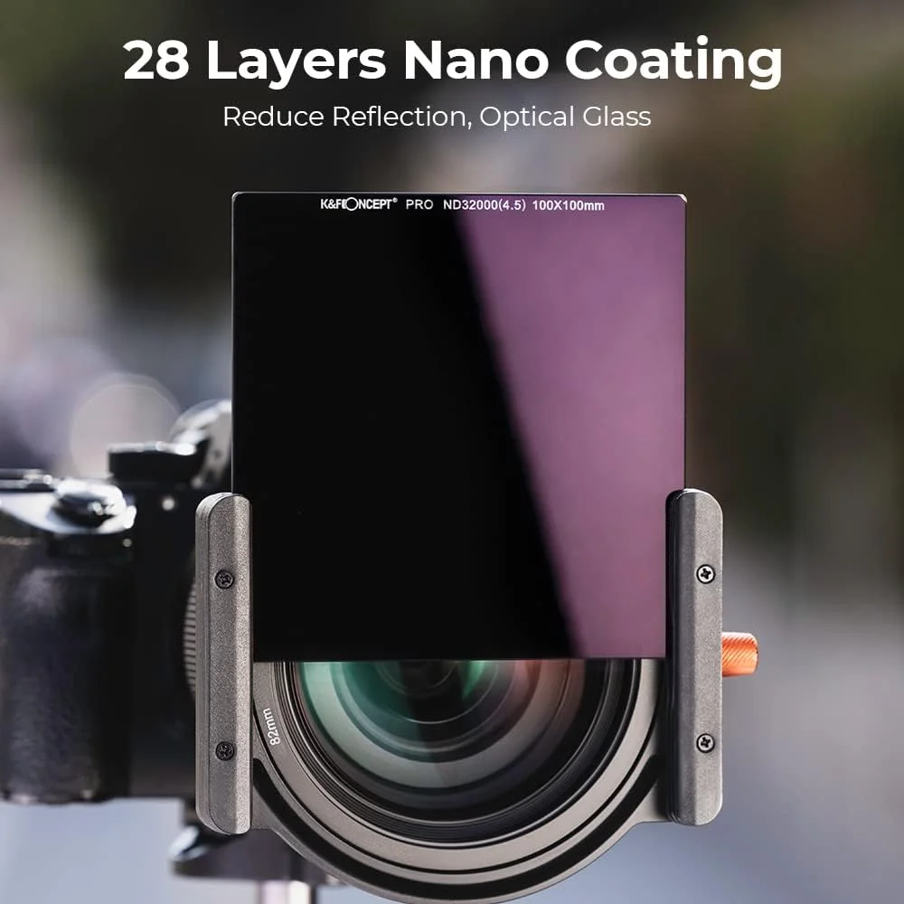 فیلتر ND32000 (15 استاپ) مربعی 100x100 میلی‌متری K&F Concept، فیلتر چگالی خنثی ضد آب، فیلتر خورشید گرفتگی با 28 پوشش چند لایه برای لنز دوربین