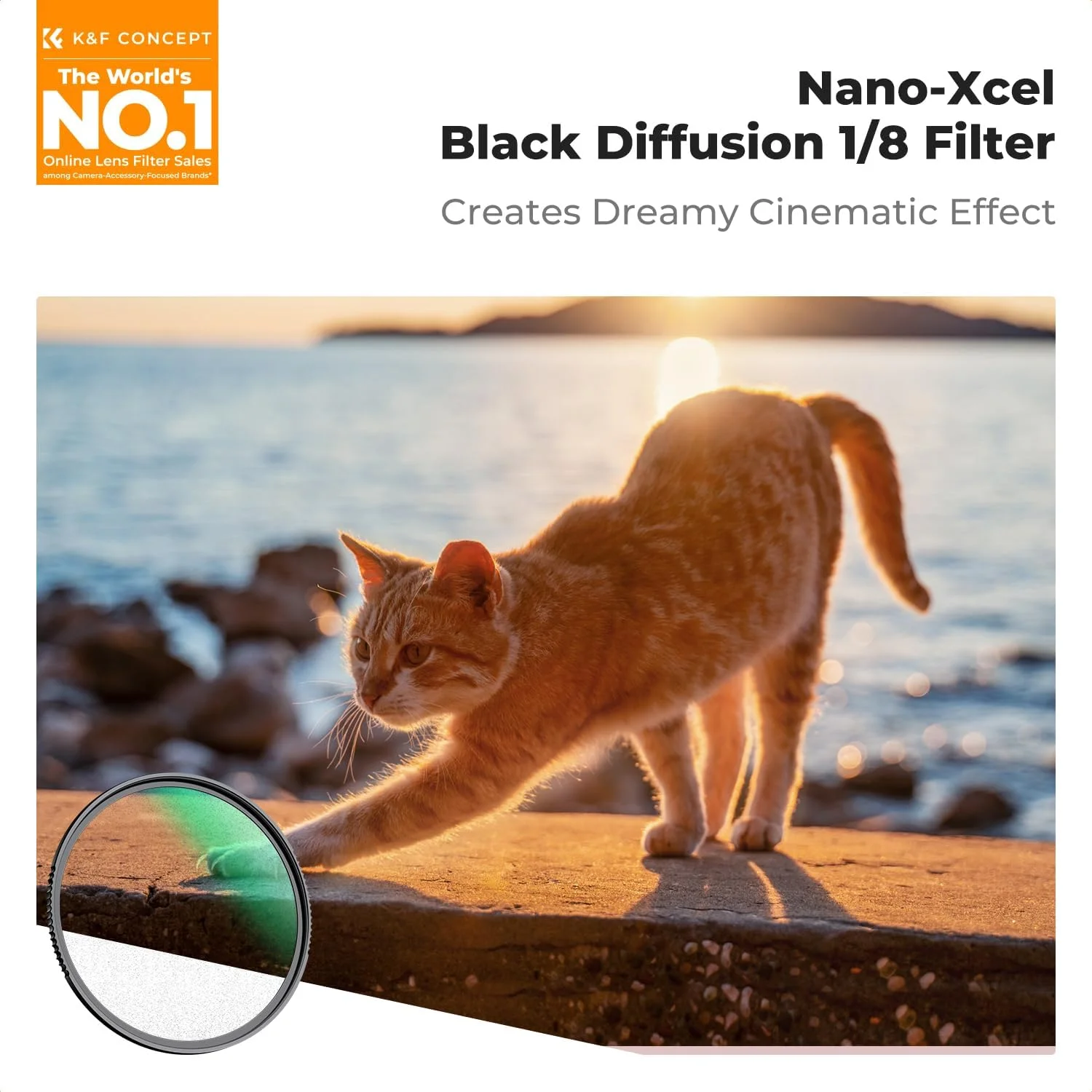 فیلتر مشکی دیفیوژن 1/8 با افکت سینمایی K&F Concept با قطر 67 میلی‌متر، دارای 28 لایه پوشش چندگانه، ضد آب و ضد خش، مناسب برای عکاسی ویدیو، ولاگ و پرتره (سری Nano-X)
