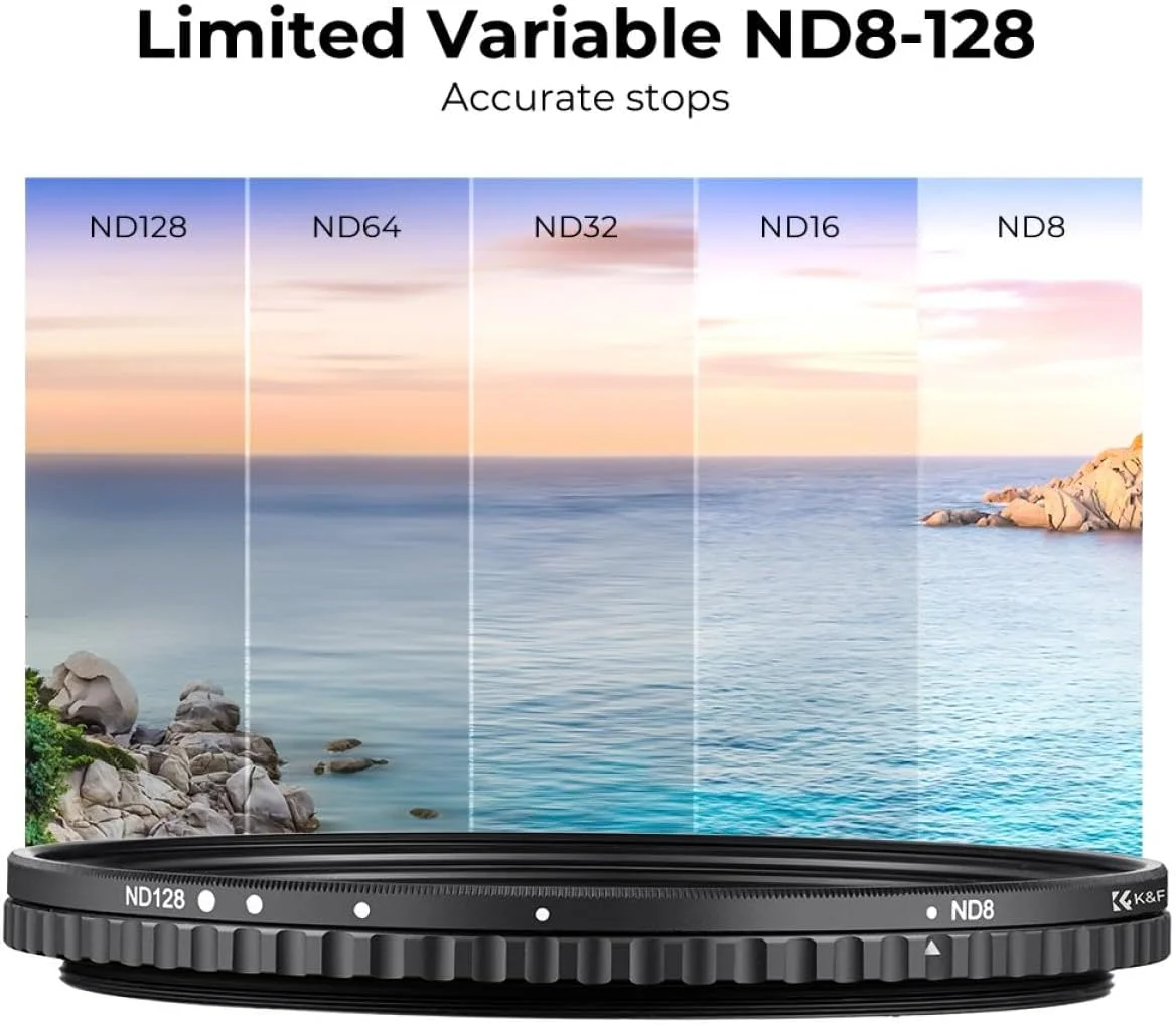 فیلتر ND متغیر K&F Concept ND8-128 با توقف 3-7 VND | فیلتر تراکم خنثی سری Nano-X برای لنز دوربین | بدون نقطه X | HD آبگریز MRC 28 لایه | فوق العاده باریک و مقاوم در برابر آب و هوا | 62 میلی متر