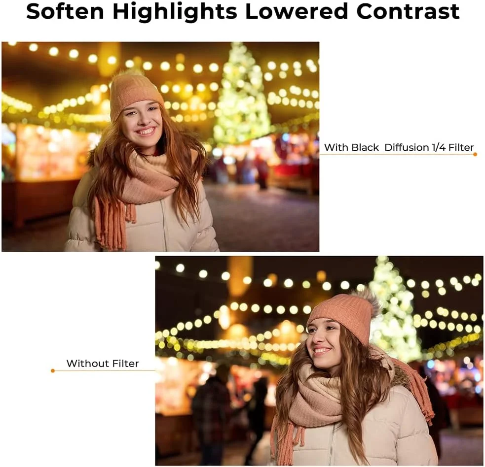 فیلتر مشکی دیفیوژن 1/4 K&F Concept با قطر 77 میلی‌متر، ایجاد کننده افکت سینمایی سافت میست به همراه درب لنز، مناسب برای فیلمبرداری، ولاگ و عکاسی پرتره