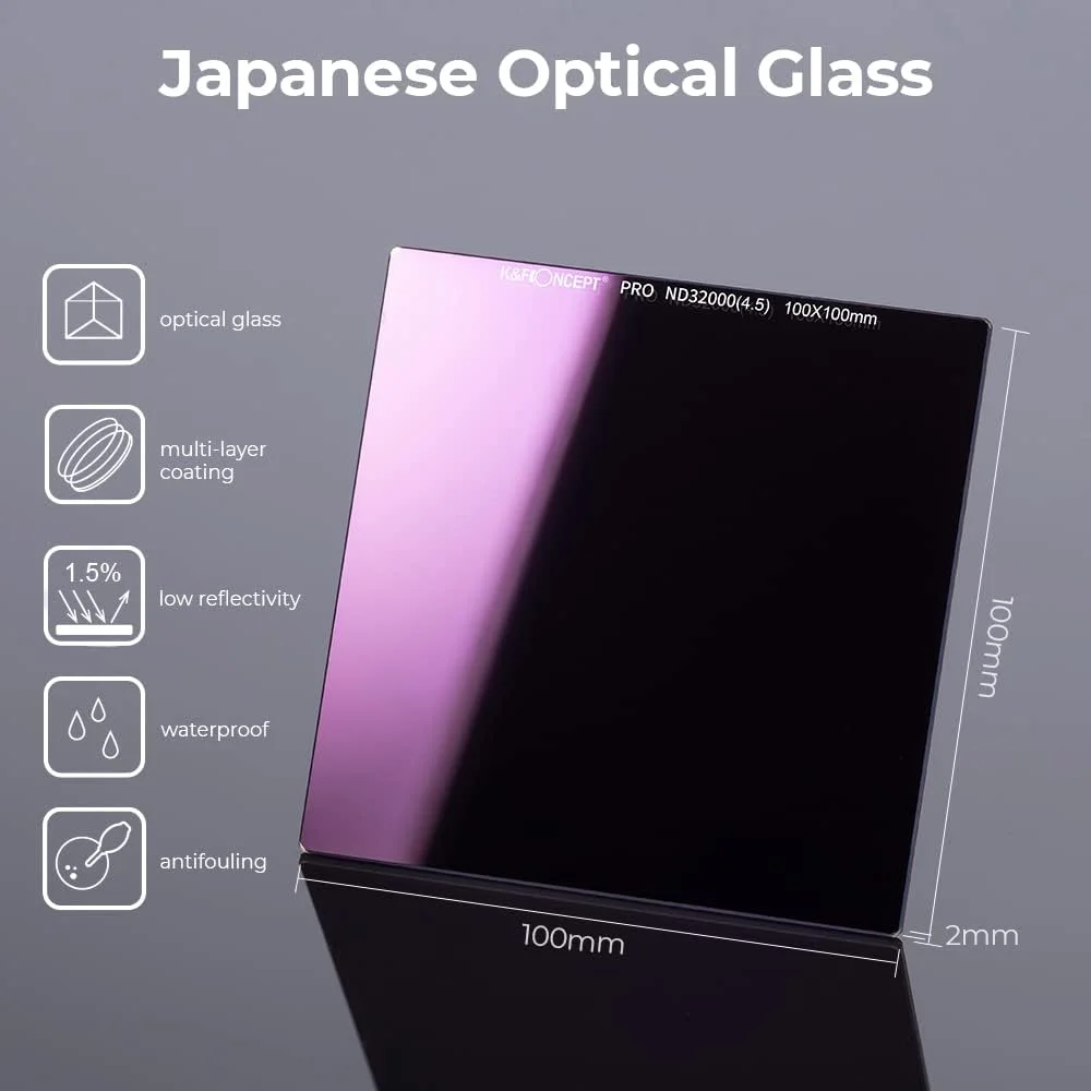 فیلتر ND32000 (15 استاپ) مربعی 100x100 میلی‌متری K&F Concept، فیلتر چگالی خنثی ضد آب، فیلتر خورشید گرفتگی با 28 پوشش چند لایه برای لنز دوربین