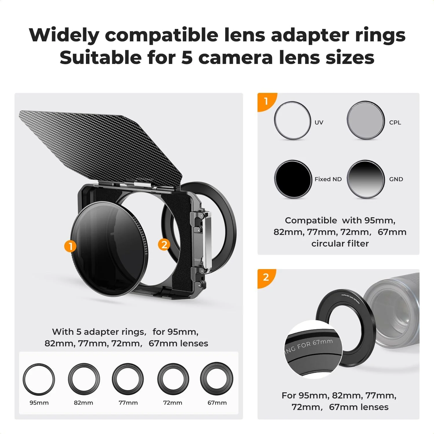 مت باکس K&F Concept به همراه فیلتر ND8، دو سینی فیلتر 4x5.65 اینچی، مت باکس دوربین سازگار با لنزهای 67mm/ 72mm/ 77mm/ 82mm/ 95mm