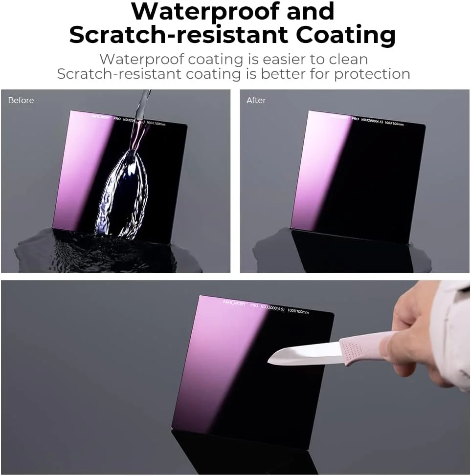 فیلتر ND32000 (15 استاپ) مربعی 100x100 میلی‌متری K&F Concept، فیلتر چگالی خنثی ضد آب، فیلتر خورشید گرفتگی با 28 پوشش چند لایه برای لنز دوربین