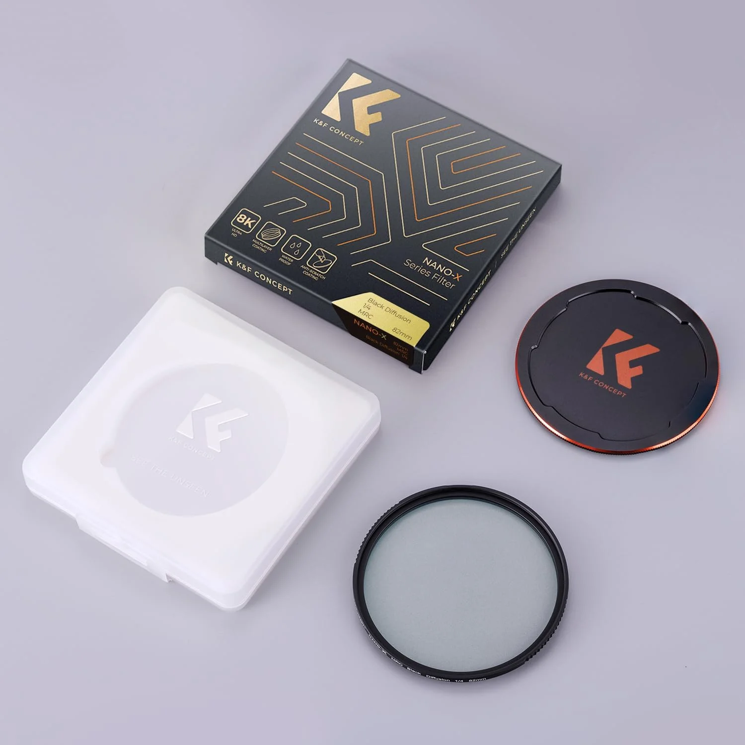 فیلتر مشکی دیفیوژن 1/4 K&F Concept با قطر 77 میلی‌متر، ایجاد کننده افکت سینمایی سافت میست به همراه درب لنز، مناسب برای فیلمبرداری، ولاگ و عکاسی پرتره