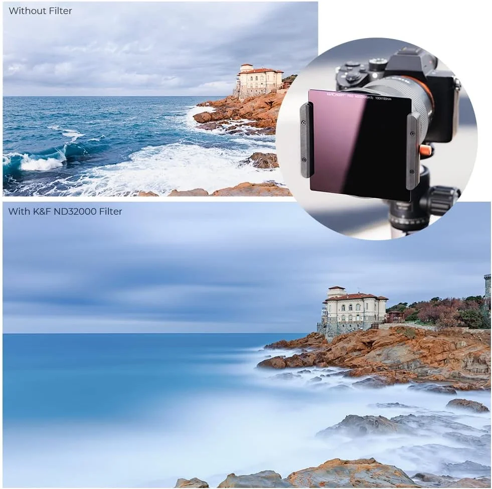 فیلتر ND32000 (15 استاپ) مربعی 100x100 میلی‌متری K&F Concept، فیلتر چگالی خنثی ضد آب، فیلتر خورشید گرفتگی با 28 پوشش چند لایه برای لنز دوربین