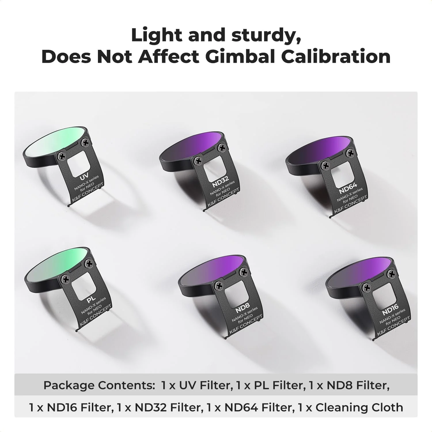 مجموعه فیلتر ND و CPL کانسپت K&F سازگار با DJI NEO، بسته 6 عددی (UV، CPL، ND8، ND16، ND32، ND64) فیلتر لنز پهپاد پلاریزه با چگالی خنثی، شیشه نوری HD چند لایه / قاب آلومینیومی