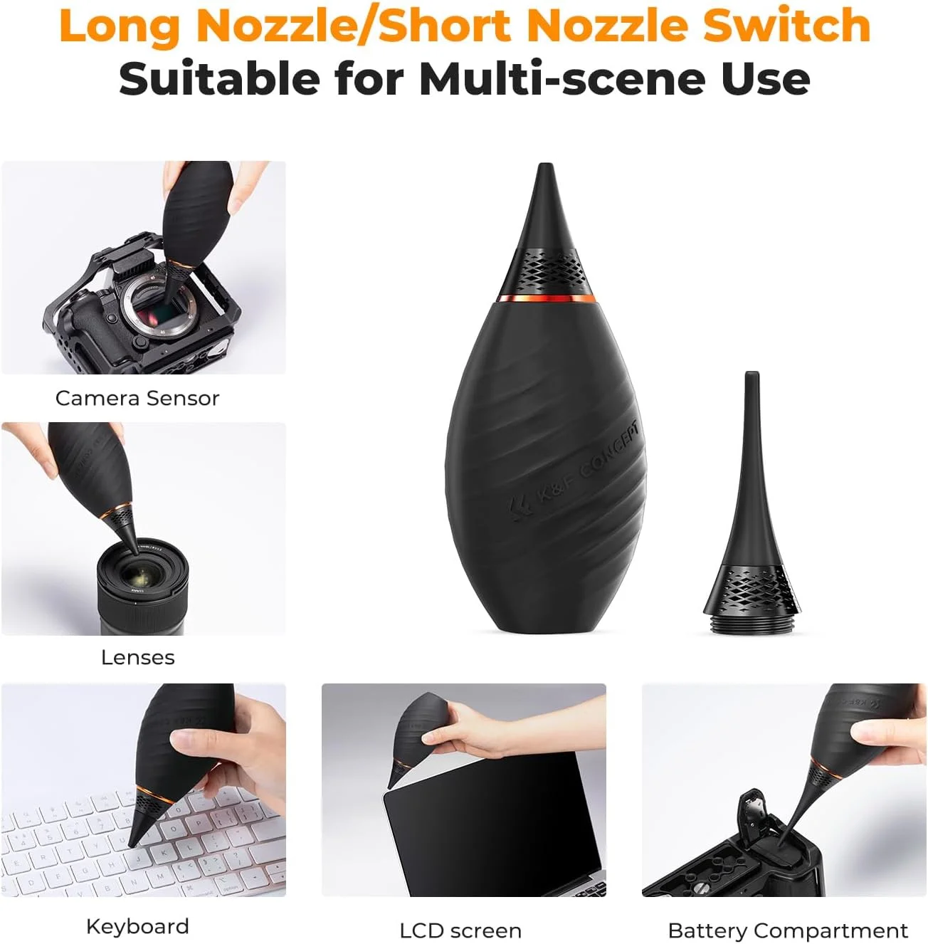 دمنده هوای 2 در 1 K&F Concept، دم برای تمیز کردن دیجیتال، DSLR، SLR، لنزهای دوربین و لوازم الکترونیکی، تمیز کننده گرد و غبار - سیم رابط و نازل کوتاه