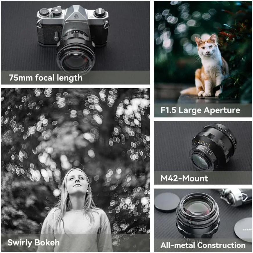 لنز دوربین فول فریم TTArtisan 75mm F1.5 با بوکه چرخشی، لنز با دیافراگم باز سازگار با لنز دوربین مانت M42 لنز دوربین فول فریم TTArtisan 75mm F1.5 با بوکه چرخشی، لنز با دیافراگم باز سازگار با لنز دوربین مانت M42