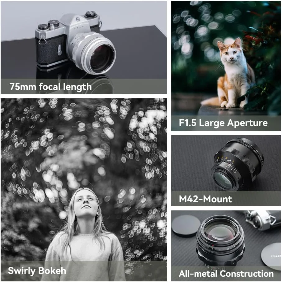 لنز TTartisan 75mm F1.5 با فرمت کامل و بوکه چرخشی، سازگار با دوربین های دارای مانت M42 (نقره ای) لنز TTartisan 75mm F1.5 با فرمت کامل و بوکه چرخشی، سازگار با دوربین های دارای مانت M42 (نقره ای)