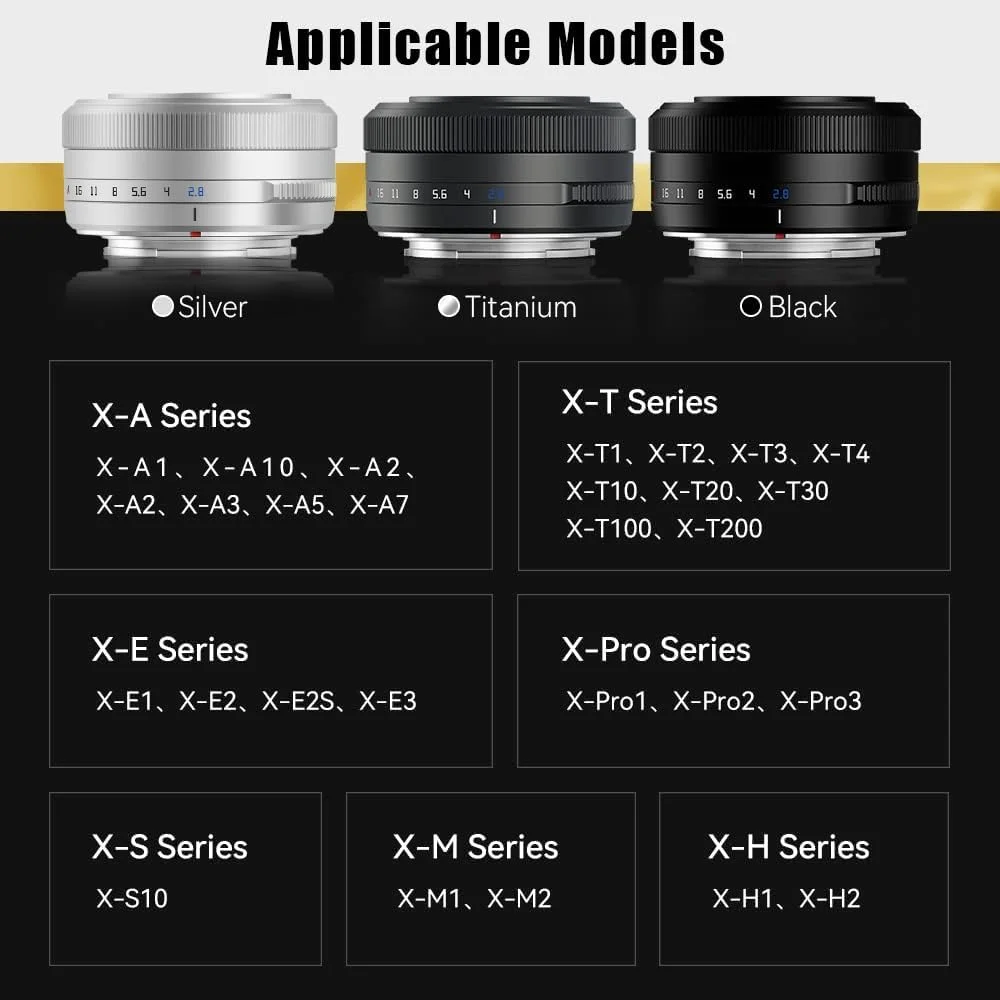 لنز فوکوس خودکار 27mm F2.8 تی تی آرتيزان، سازگار با دوربین های فوجی X-Mount مدل های XS10 X-A5 X-A7 X-M1 X-M2 X-E4 X-T1 X-T10 X-T2 X-T20 X-T3 X-T4 X-T100 X-T200 X-T30 X-Pro1 X-Pro2 X-Pro3 X-E1 نقره ای