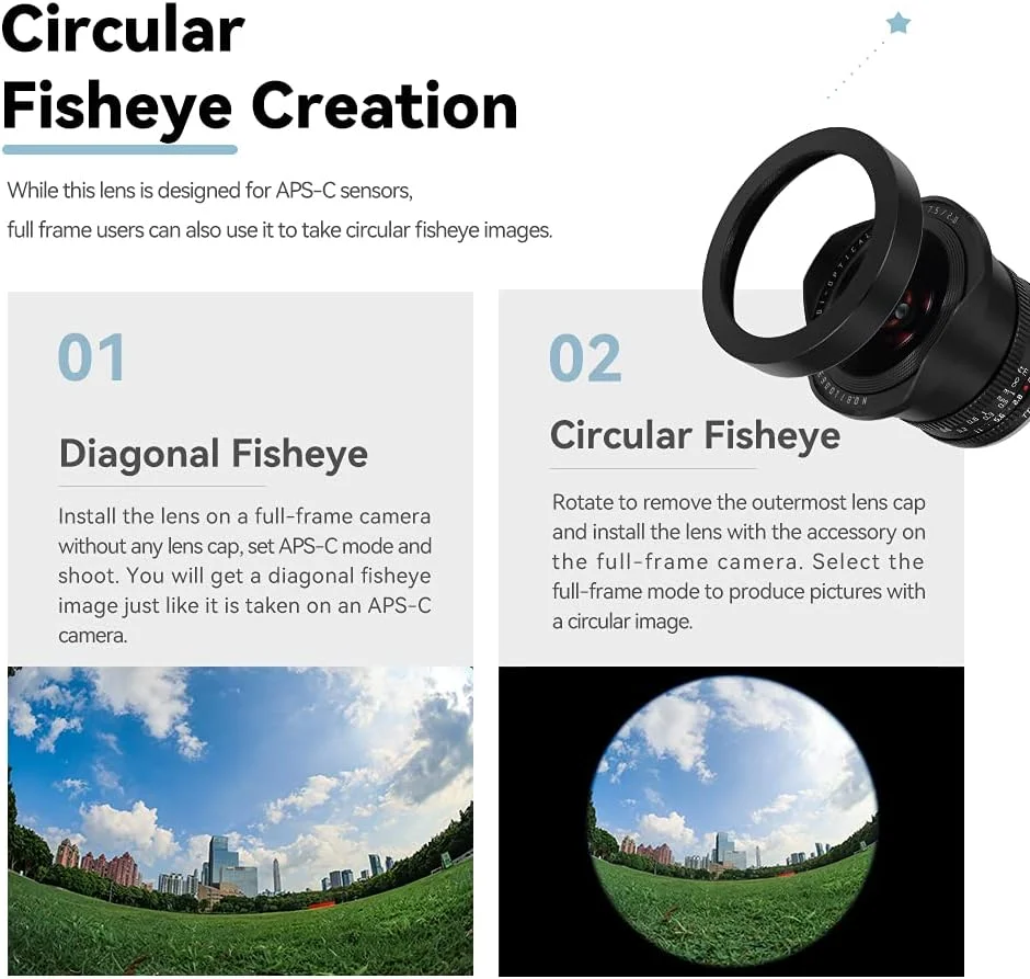 لنز چشم ماهی 7.5 میلیمتری F2.0 APS-C تیتیآرتیسان با زاویه دید 180 درجه، نیم فریم سازگار با دوربینهای مانت EOS-M مانند M1، M2، M3، M5، M6، M10، M50، M100 بدون آینه لنز چشم ماهی 7.5 میلیمتری F2.0 APS-C تیتیآرتیسان با زاویه دید 180 درجه، نیم فریم سازگار با دوربینهای مانت EOS-M مانند M1، M2، M3، M5، M6، M10، M50، M100 بدون آینه