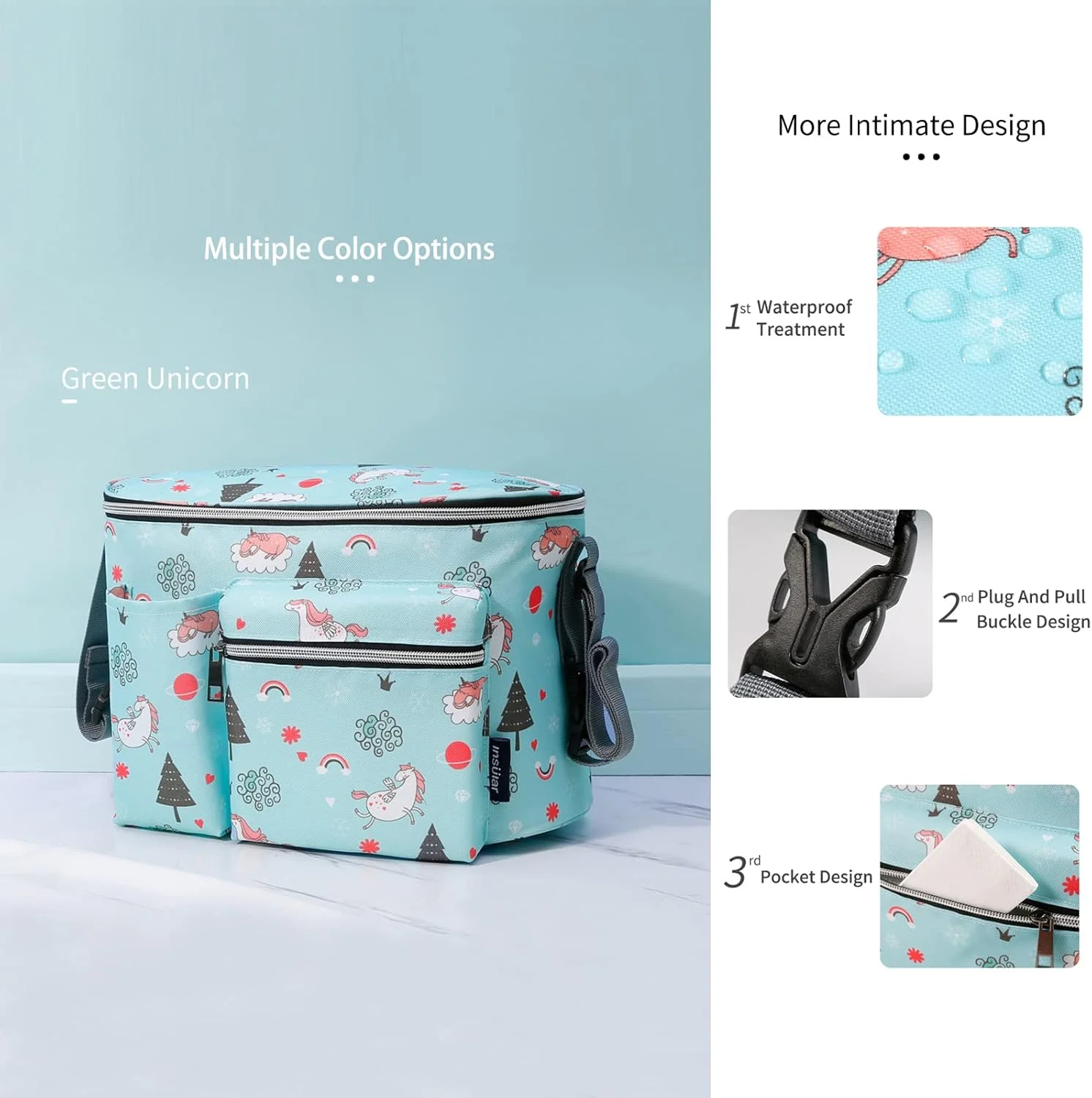 کیف لوازم کودک اینسولار، کیف نگهداری پوشک چند منظوره قابل حمل، کیف لوازم جانبی کالسکه، طرح اسب سبز