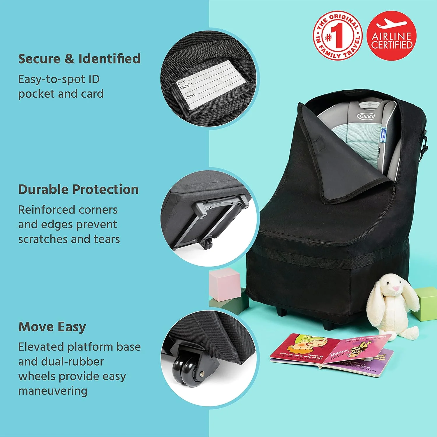 کیف صندلی ماشین کودک چرخدار جی.ال. چایلدریس - کیف مسافرتی برای هواپیما، مناسب برای اکثر صندلی های ماشین کودک و نوزاد، بوستر و کریر، لوازم جانبی فرودگاه برای گیت یا تحویل بار، چرخ های لاستیکی دوتایی - مشکی