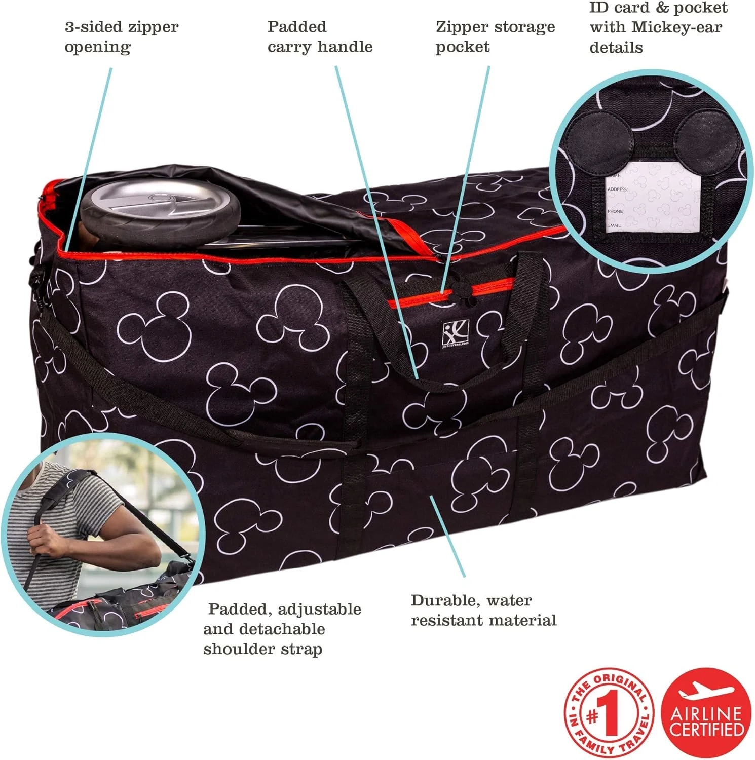 کیف حمل چرخ دستی کودک J.L. Childress Disney Baby برای چرخ دستی های تک و دوقلو - کیف بازرسی دروازه دیزنی برای چرخ دستی های تک و دوقلو - کیف بزرگ حمل چرخ دستی برای هواپیما - مشکی، میکی موس