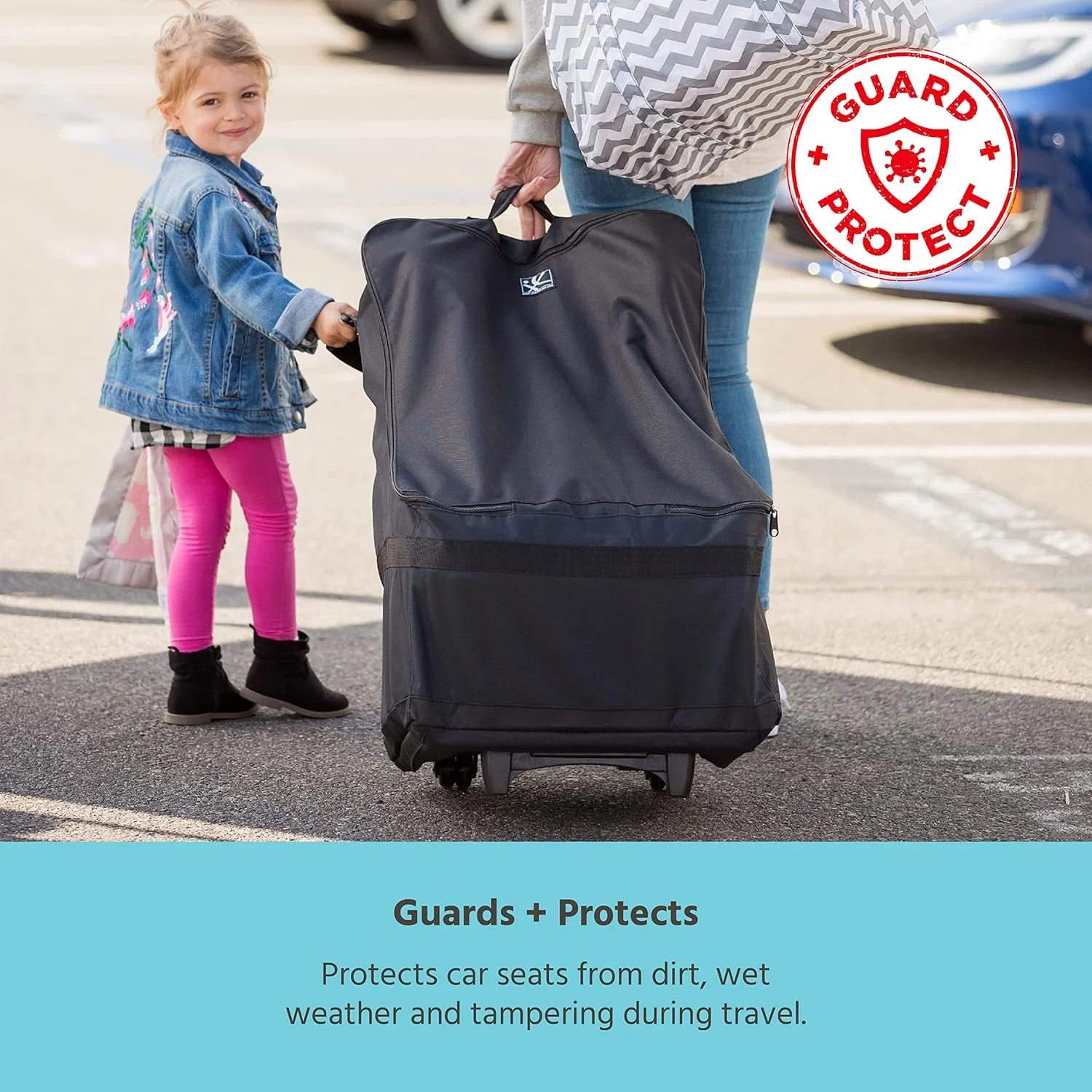 کیف صندلی ماشین کودک چرخدار جی.ال. چایلدریس - کیف مسافرتی برای هواپیما، مناسب برای اکثر صندلی های ماشین کودک و نوزاد، بوستر و کریر، لوازم جانبی فرودگاه برای گیت یا تحویل بار، چرخ های لاستیکی دوتایی - مشکی